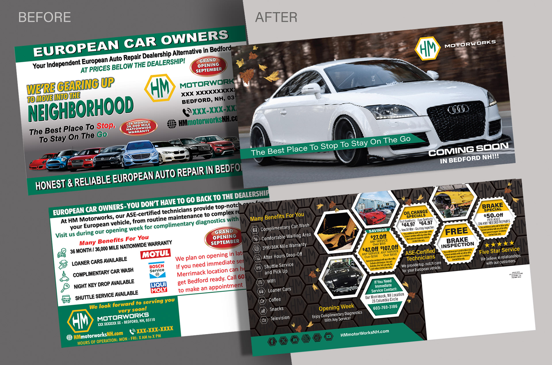 Before and after redesign showing a cohesive seasonal postcard series for HM Motorworks featuring luxury vehicles and branded coupon layouts.