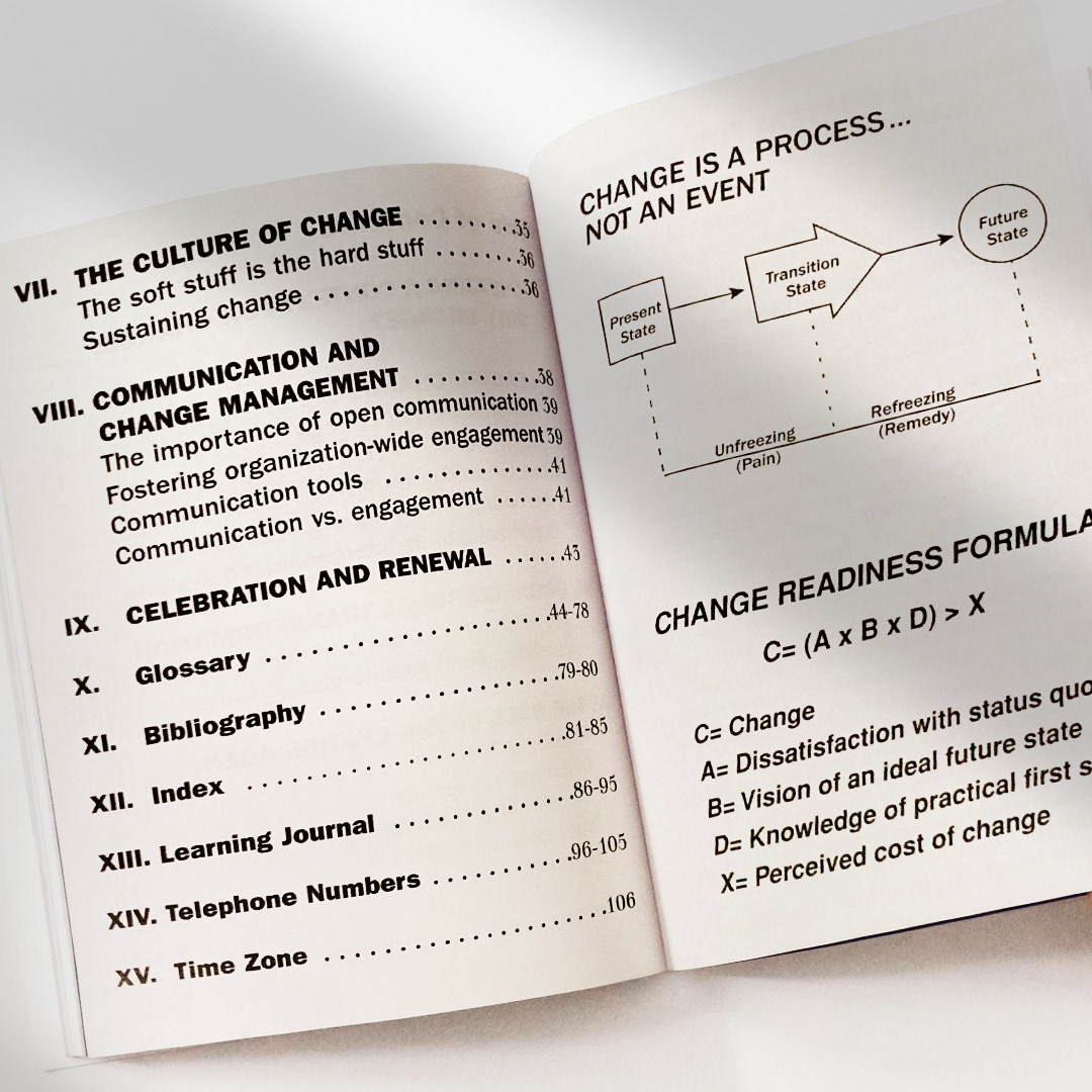 Second half of the table of contents alongside the opening diagram: 'Change is a Process, Not an Event.