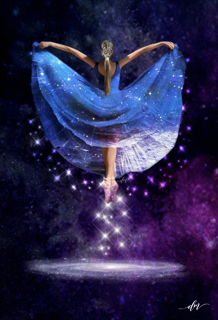 A Broadway-inspired dancer appears to lift into the galaxy, her iridescent gown and sparkling movement creating a magical sense of flight.