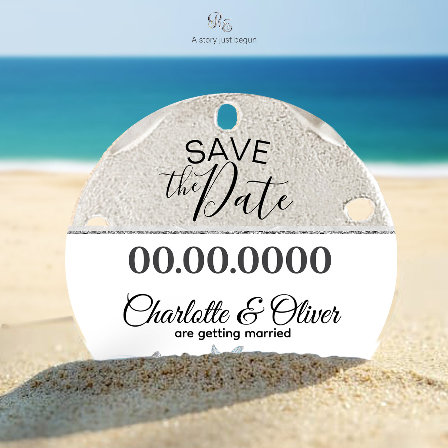Starfish Beach Save the Date magnet on sand with white banner trimmed in diamond-look detail for couple’s names and wedding date.
