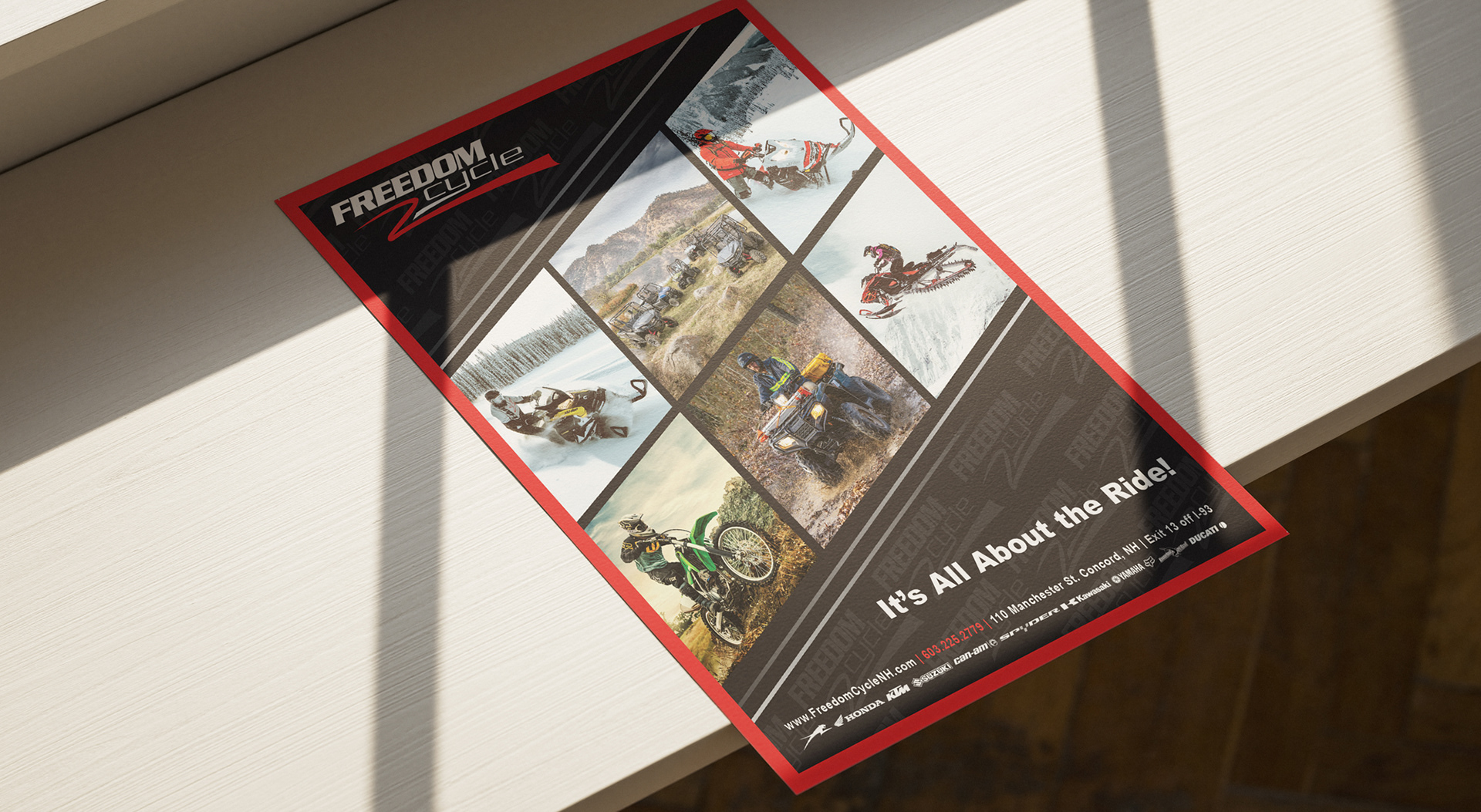 Ad featuring 6 product photos with brand logos including KTM, Suzuki, Yamaha, Honda, Can-Am, Ducati, and more showcasing product variety and partnership strength.