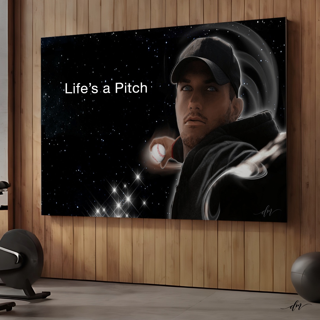 A motivational poster pairing the pitcher illustration with an energetic baseball-themed message.