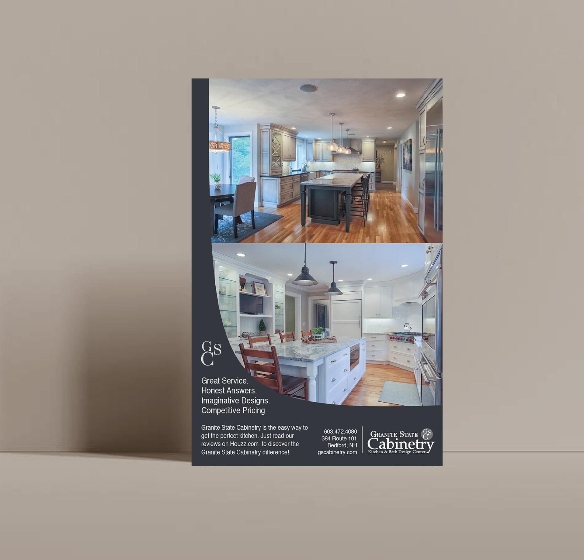 Contemporary full-page layout highlights two stunning kitchen designs by GSC.