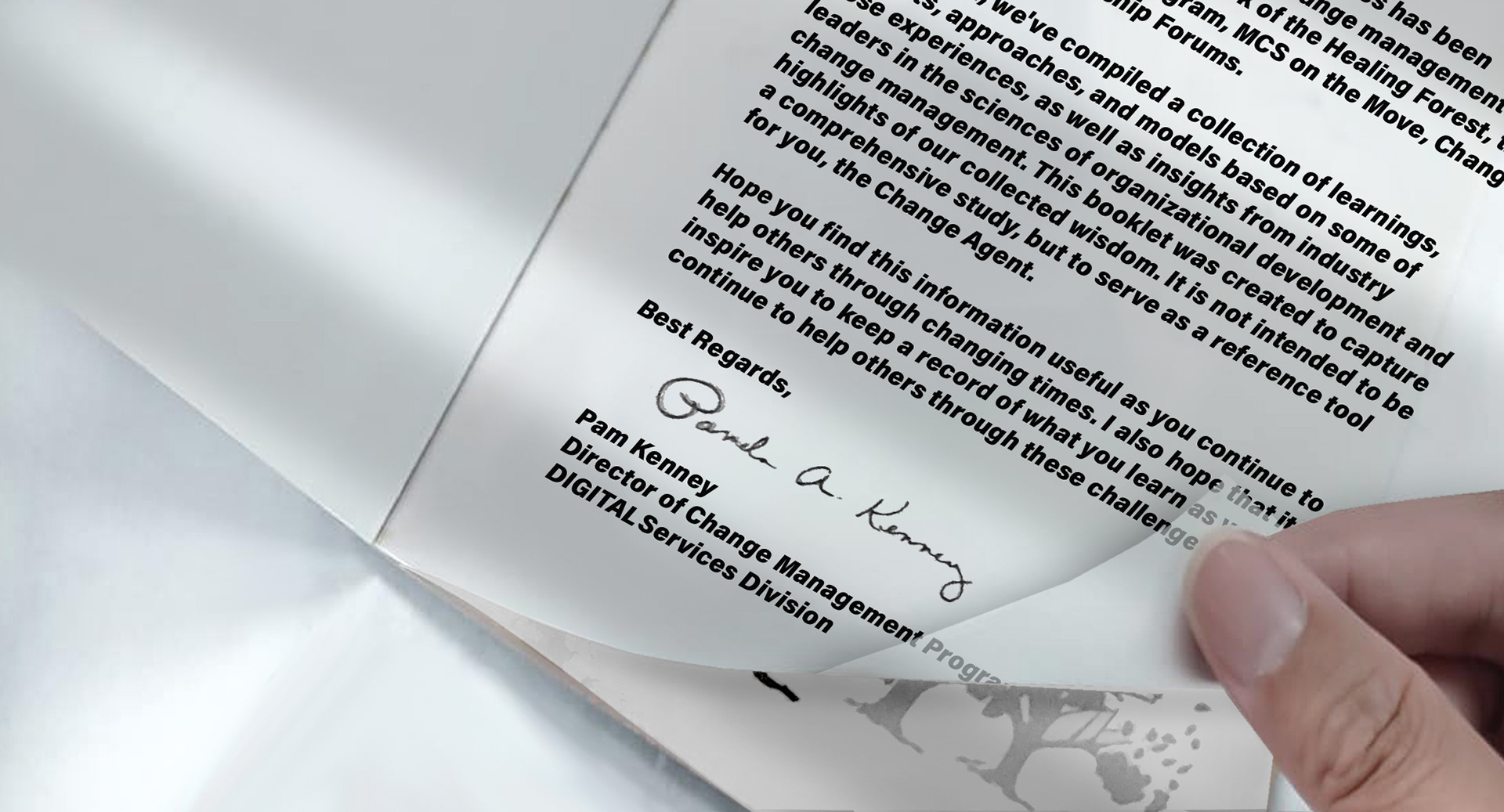 Opening spread of the Change Management booklet, with a personalized vellum letter from Pam Kenny overlaying the introduction page.