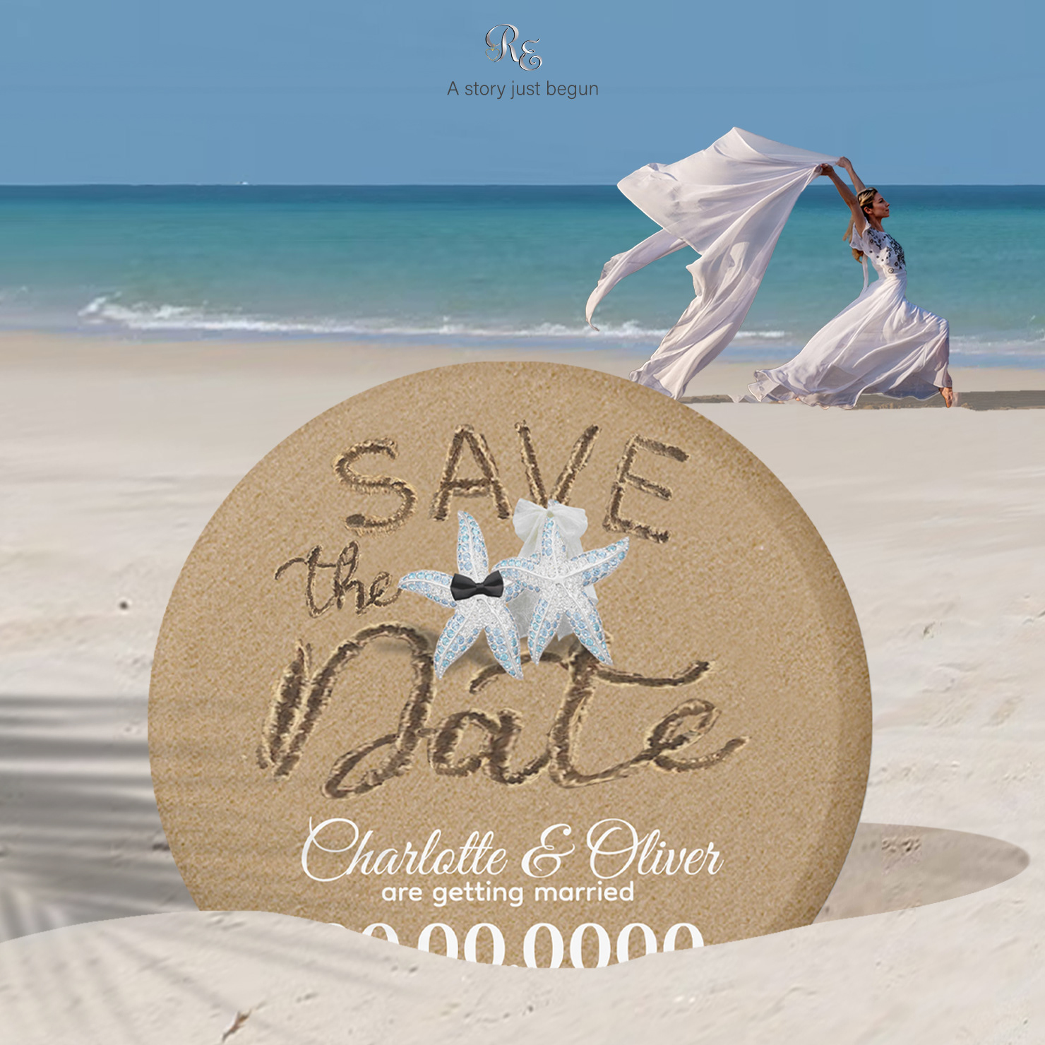 Starfish Beach Save the Date magnet with “Save the Date” carved in sand, featuring bride and groom starfish gem couple.