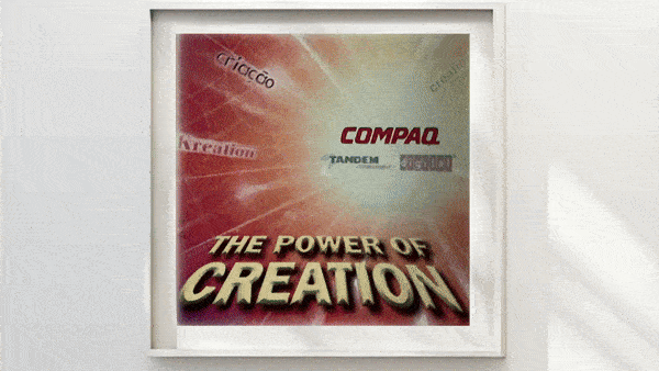 Co-created ‘Power of Creation’ 10-panel poster series for Digital Equipment Corporation and Compaq merger. Auto-loop animation starts with a close-up of the first panel, zooms out to wall display, pans to reveal all posters, then returns to highlight key design details.