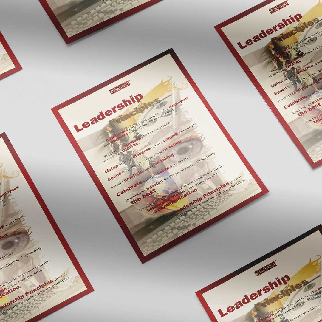 Series of Leadership Principles posters printed in-house on large-format digital press, optimized for consistent brand reproduction.
