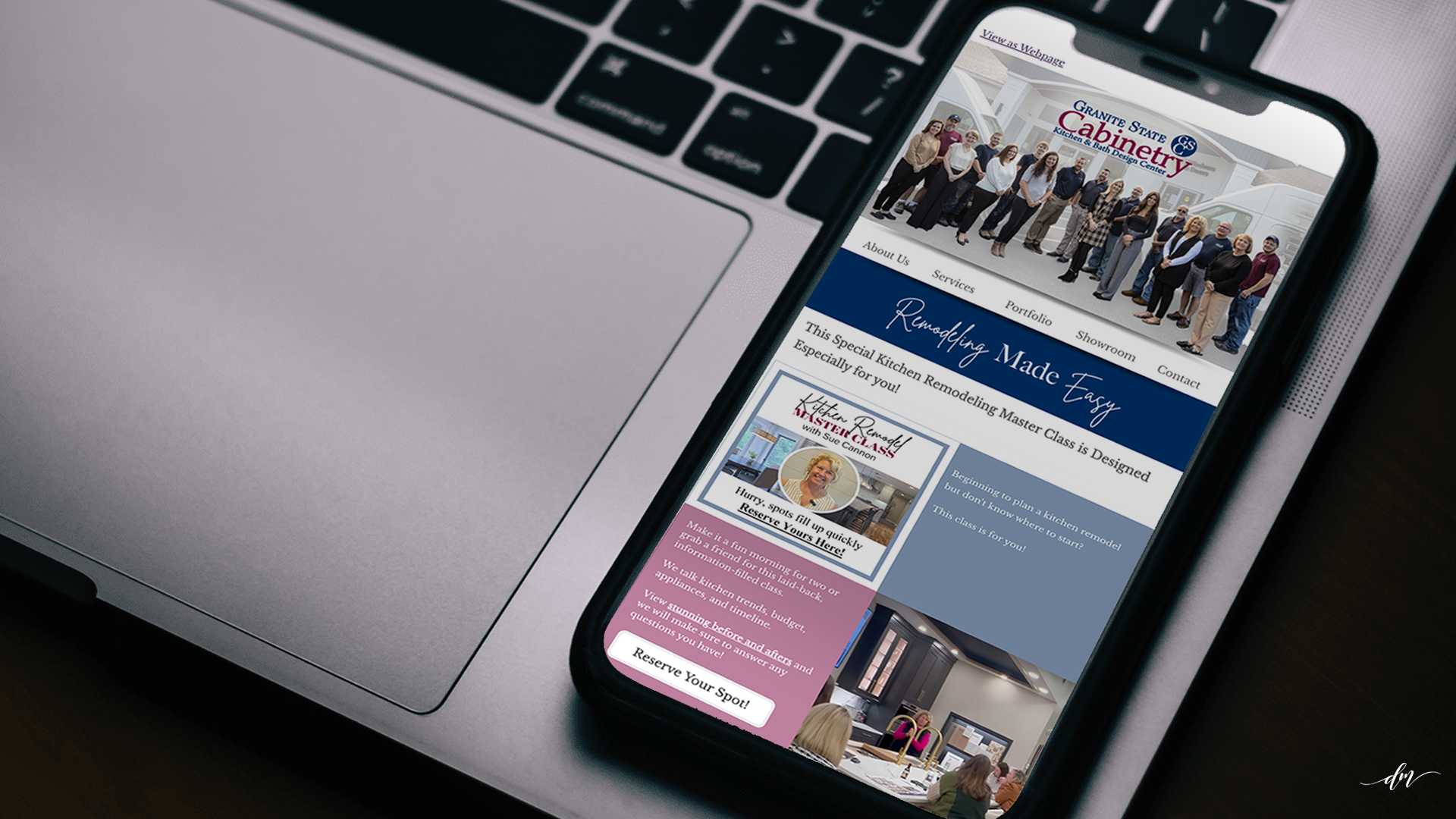 Granite State Cabinetry email design showcasing kitchen remodeling services, featured projects, events, and educational opportunities across multiple mobile layouts.