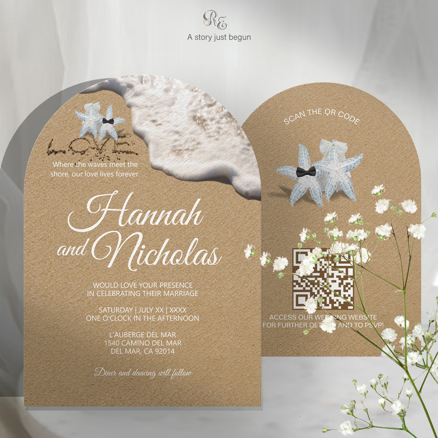 Modern Starfish Beach arch wedding invitation with starfish bride and groom, sand-carved “Love,” ocean wave, and back QR code directions.