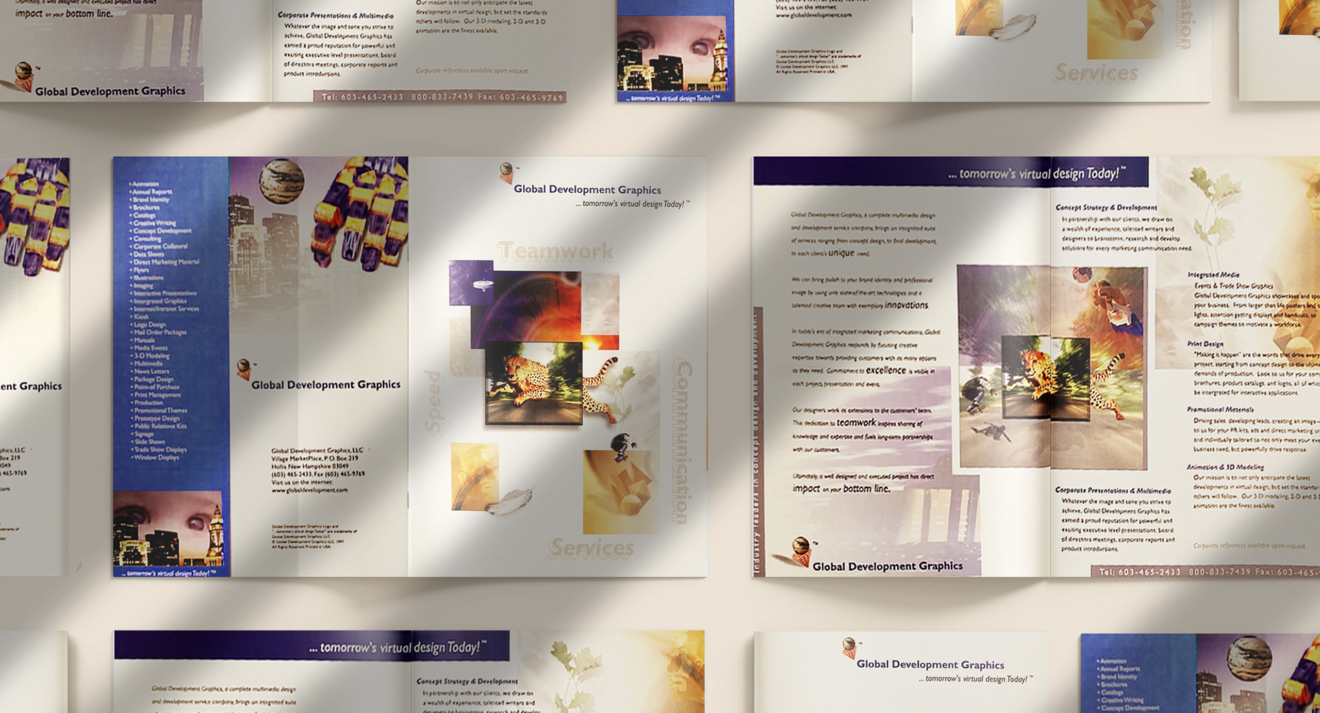 Global Development Graphics brochure integrating the agency’s philosophy and business goals through cohesive imagery and typography for a clear, compelling brand message.