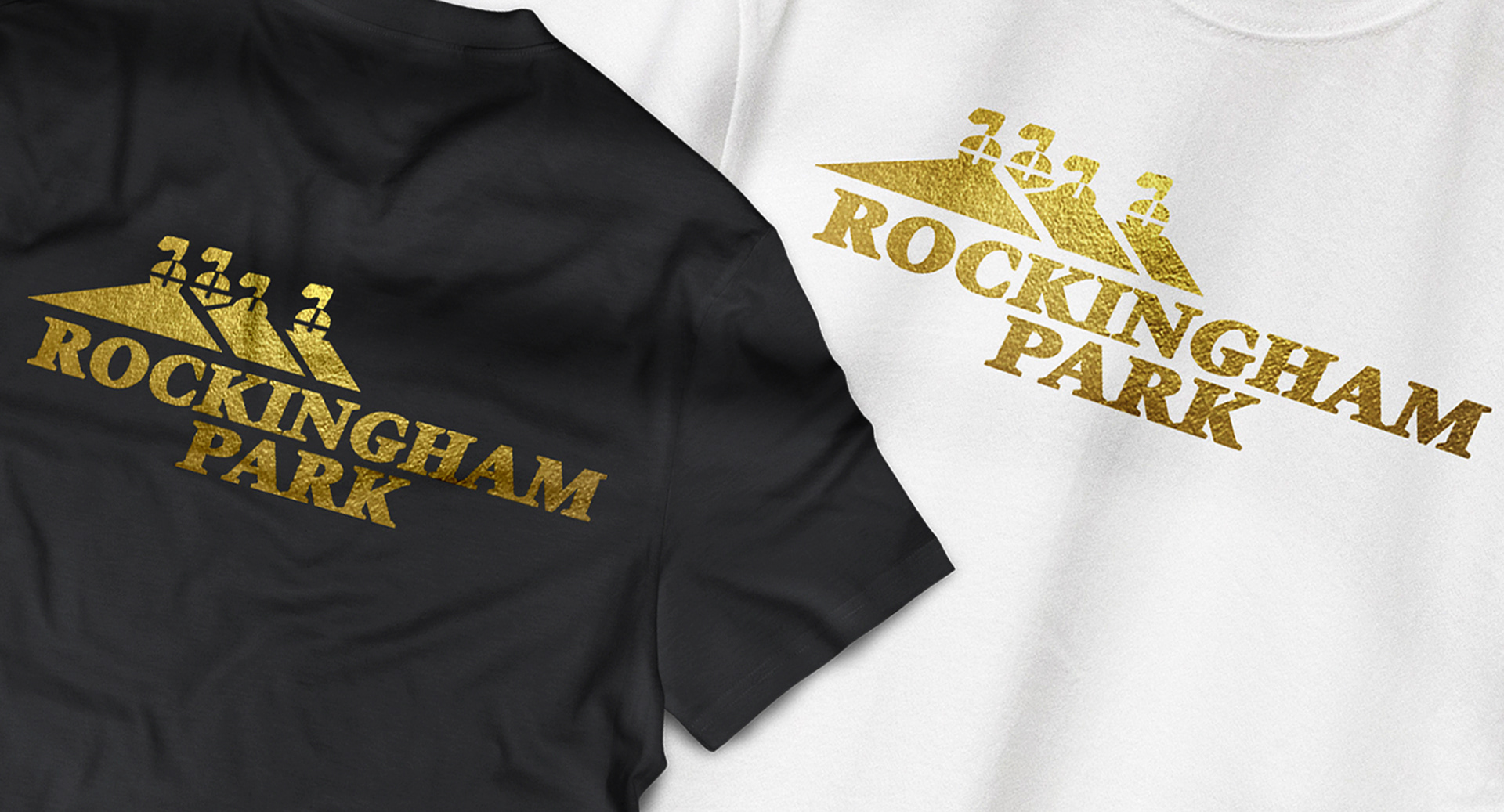 Custom Rockingham Park logo screen-printed with metallic gold ink on black and white shirts