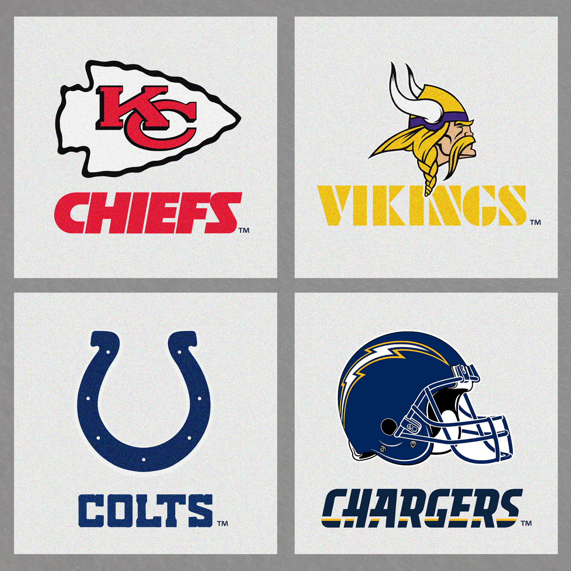 Digitized NFL logos Chiefs, Vikings, Colts, and Chargers printed on plastisol test squares (pellons) for screen printing accuracy and color calibration.
