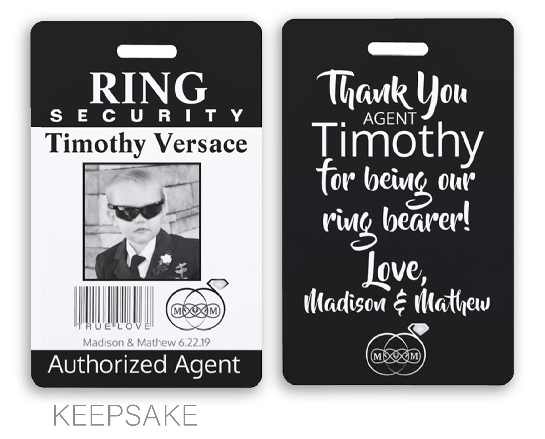 Ring Bearer Security Keepsake Badge featuring photo, custom name, wedding date, and initials in a ring emblem with a thank-you message on the back.