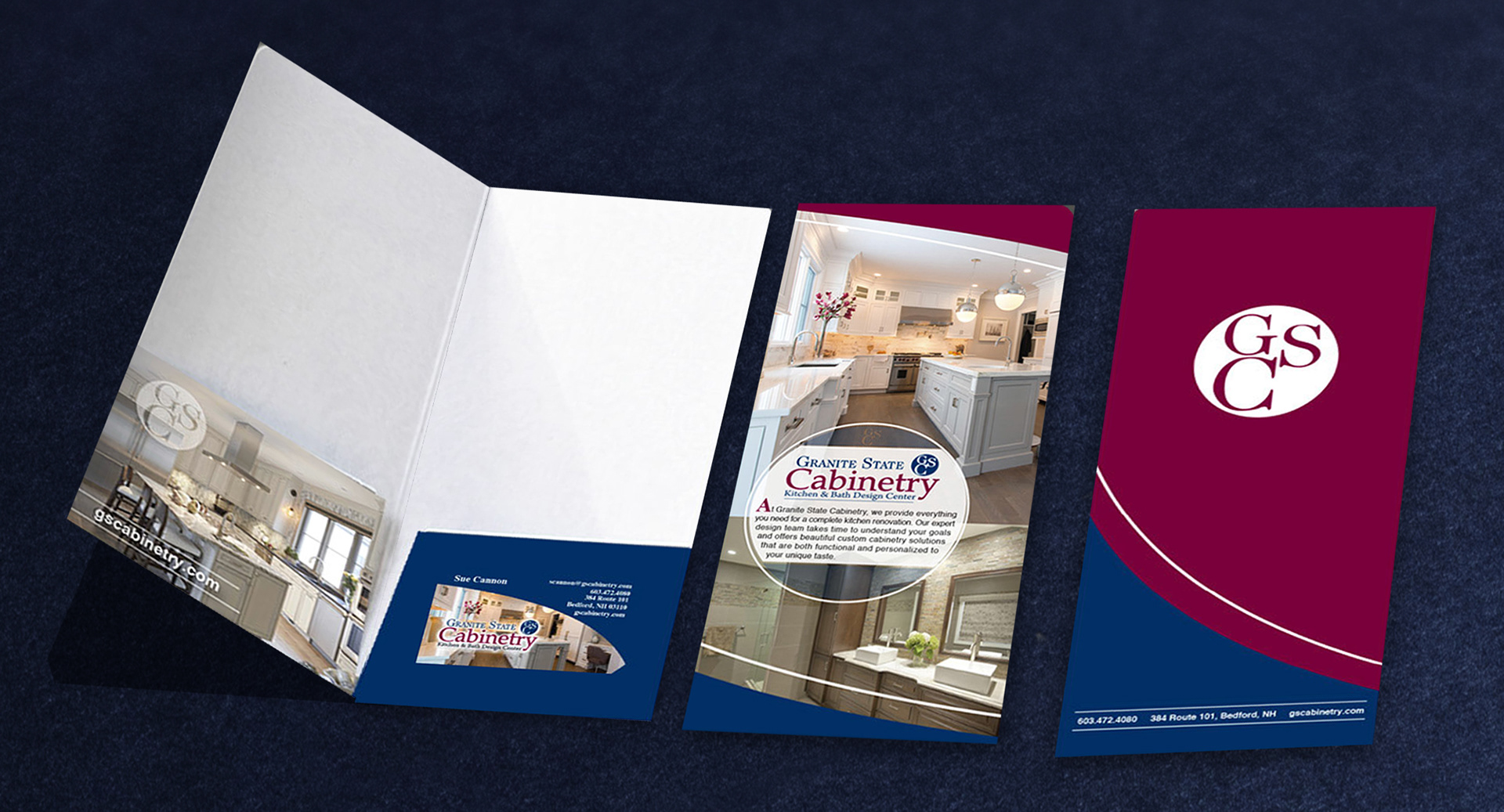 Branded pocket folder design for Granite State Cabinetry, featuring enhanced GSC logo, brand colors, interior business card pockets, and lifestyle imagery to showcase professional presentation