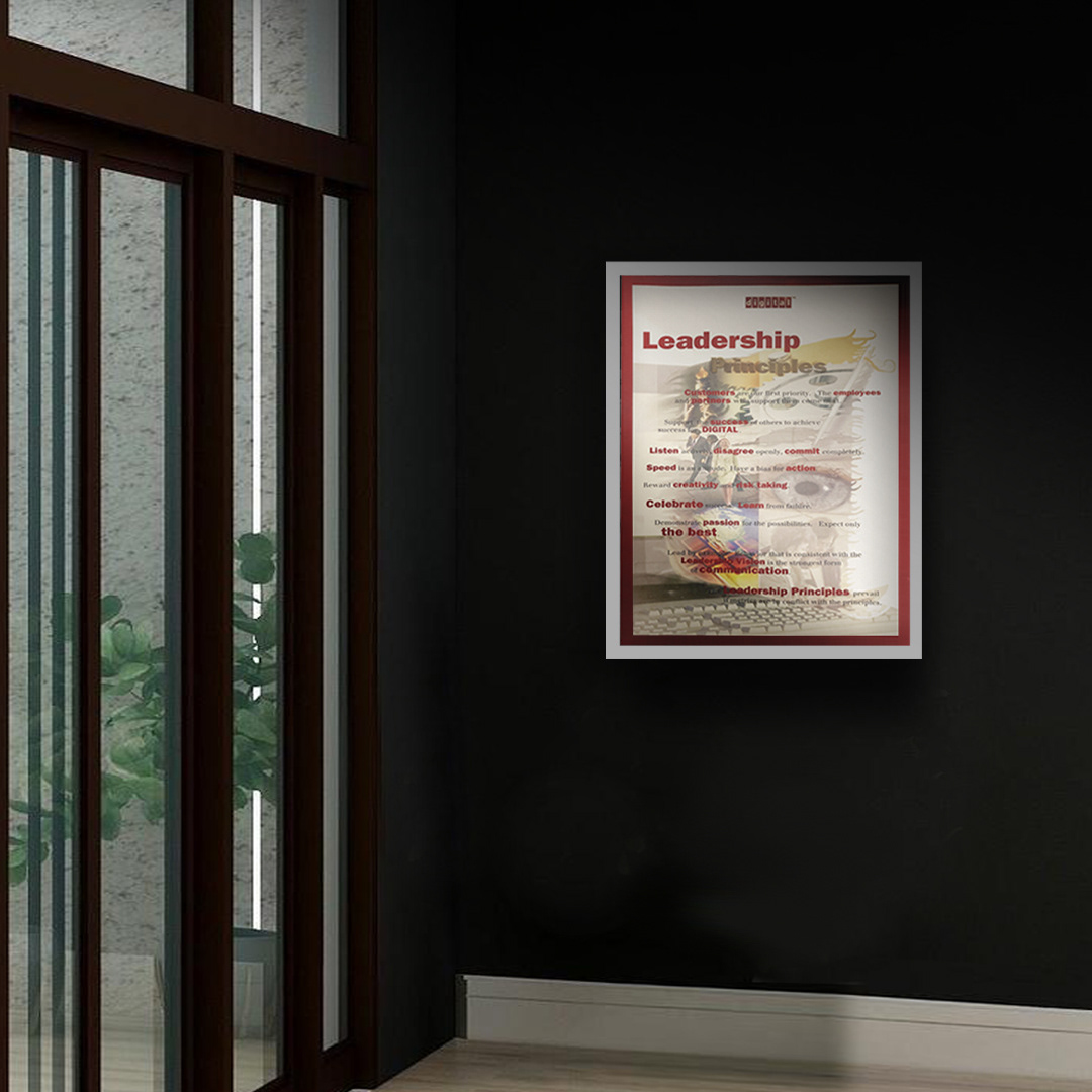 Wall-mounted posters reinforcing Digital Equipment’s core leadership principles across global offices.