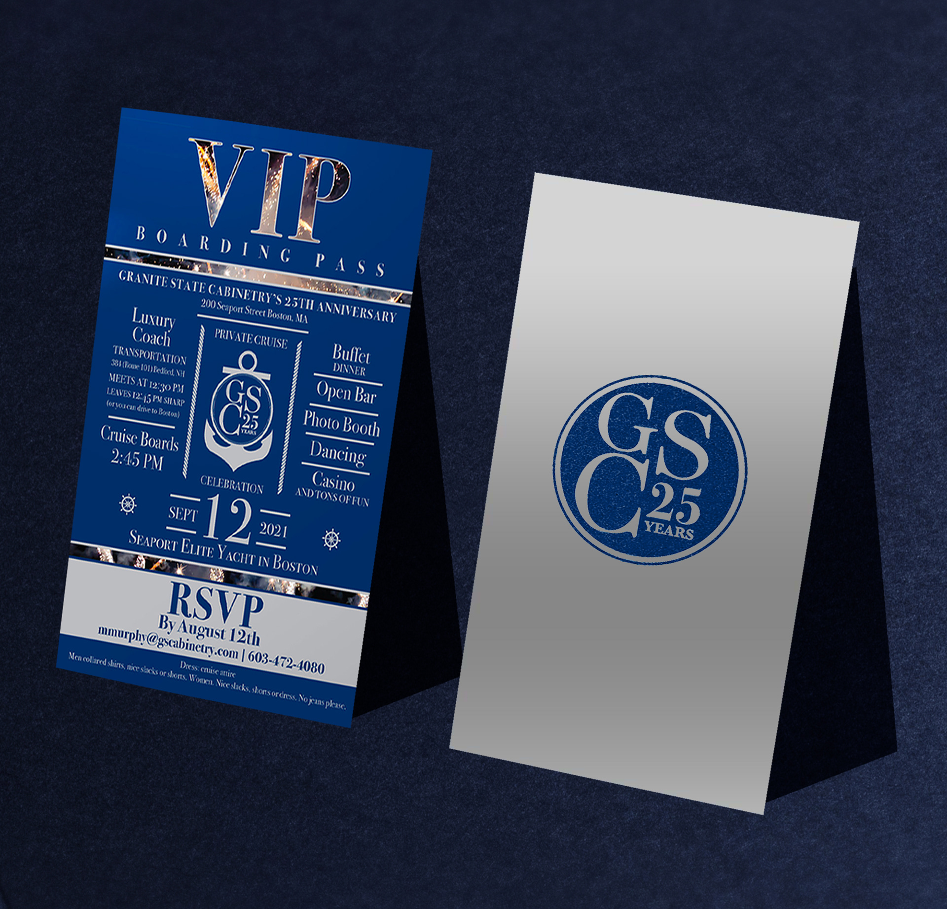 Elegant VIP cruise invitation styled as a ticket for exclusive event