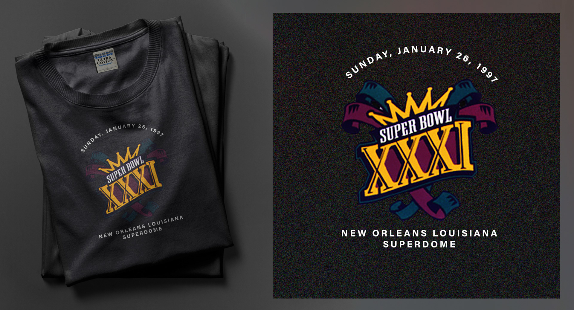 Artwork screen-printed Super Bowl XXXI logo T-shirt featuring official event graphic for January 26, 1997 matchup between the Green Bay Packers and New England Patriots, held at the Louisiana Superdome.