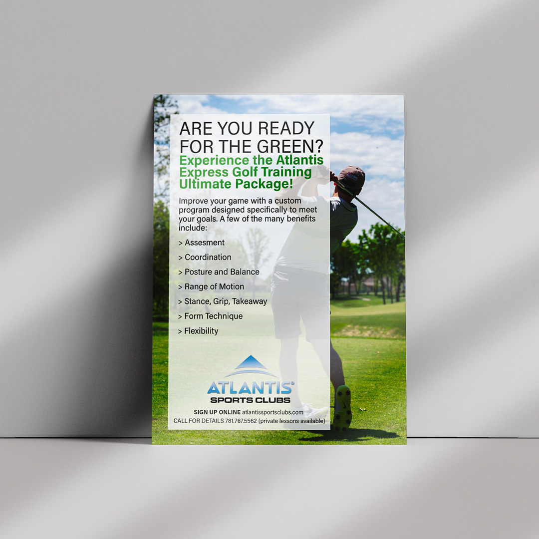 Clean, upscale flyer design advertising Atlantis Sports Clubs Express Personal Training Package for Golfers.