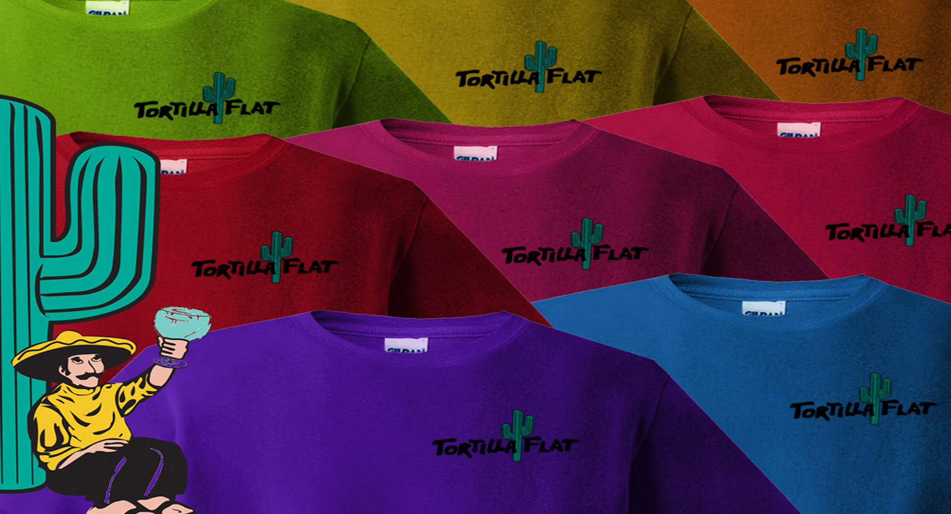 Digitized Tortilla Flat restaurant logo screen-printed on colorful sweatshirts for branding and merchandise.