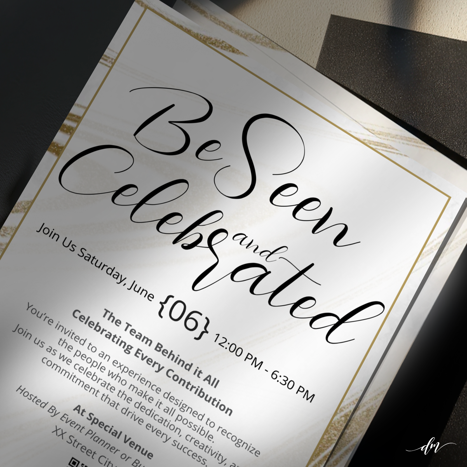 Close-up clarity of a modern recognition experience invitation, designed for impact and readability.