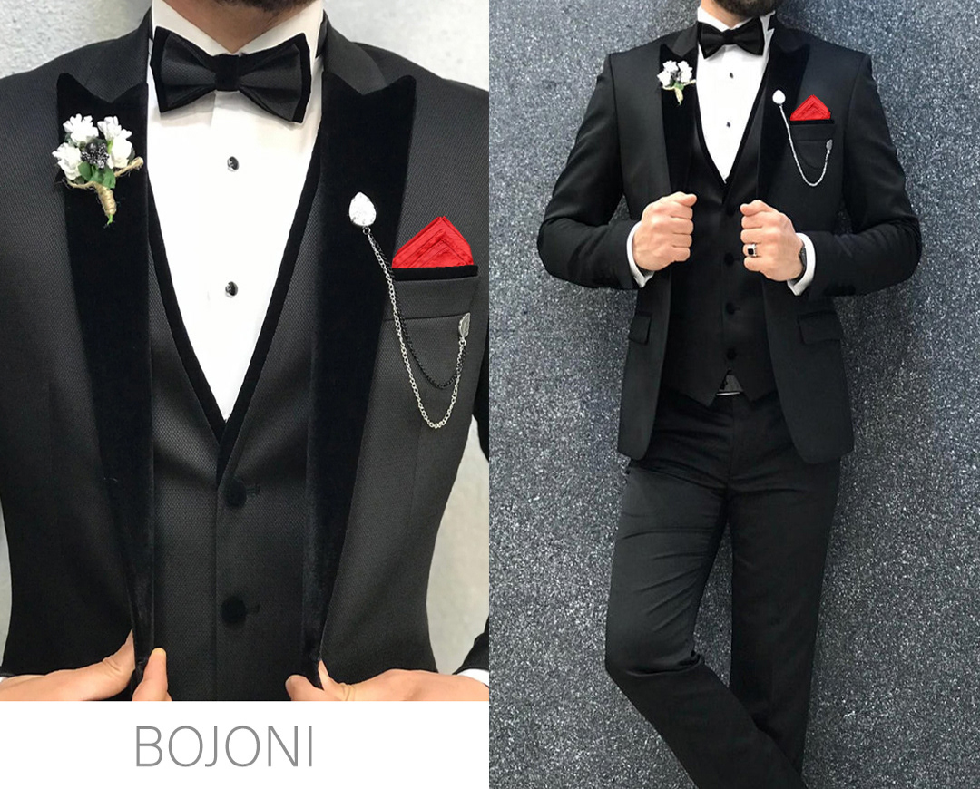 Black tuxedo with velvet trim by BOJONI, designed for refined black-tie sophistication.