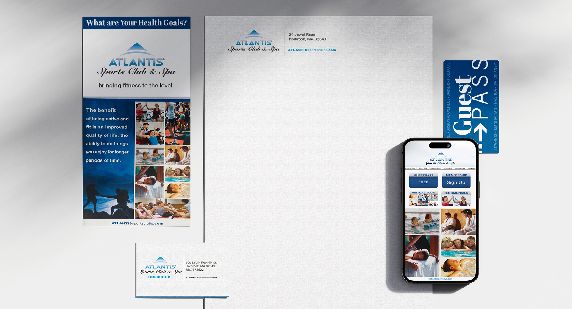 Visual identity and marketing collateral for Atlantis Sports Clubs, including logo, brochures, signage, website, and branded templates