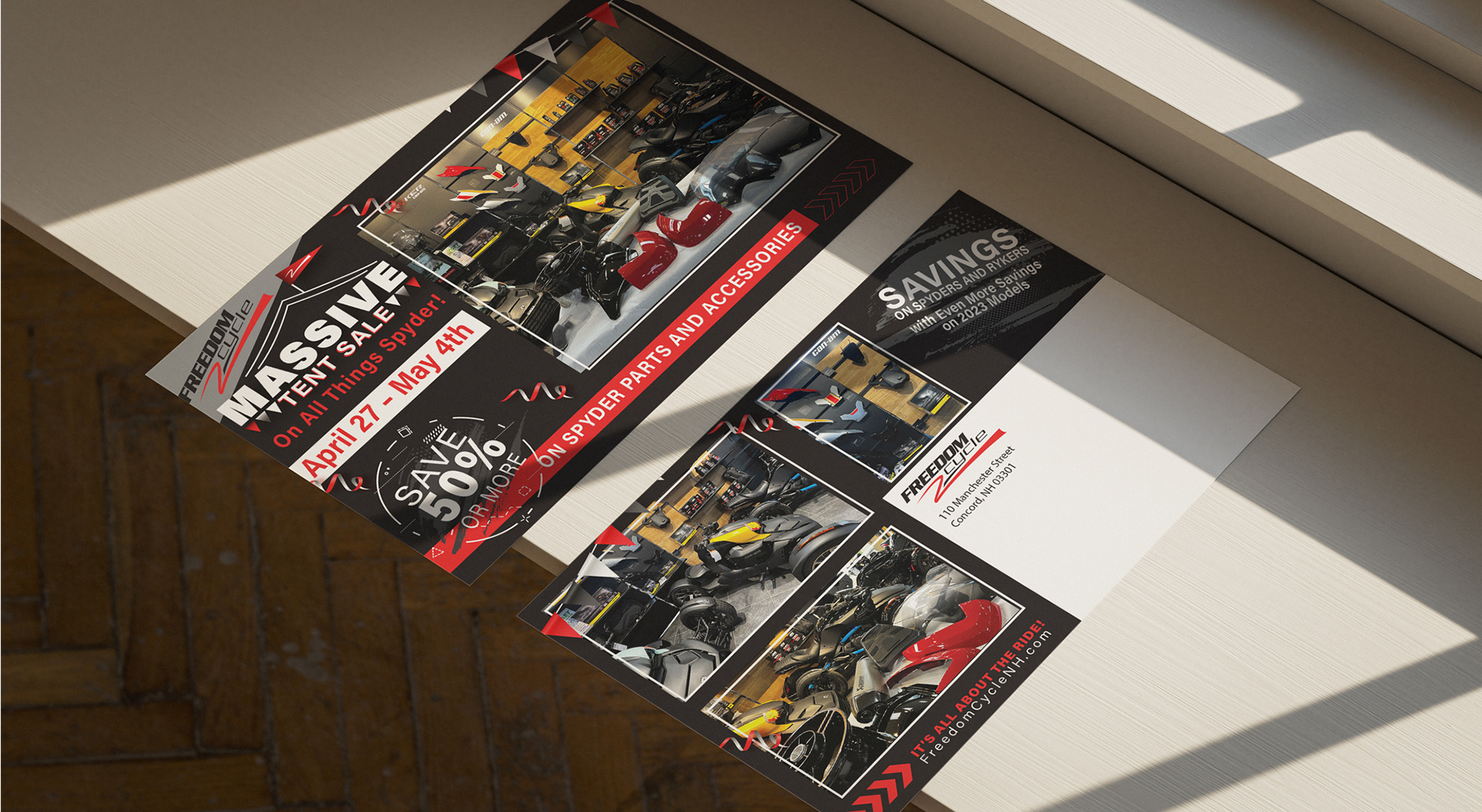 Vibrant, print-ready postcard designs for Freedom Cycle’s Massive Tent Sale promotion.