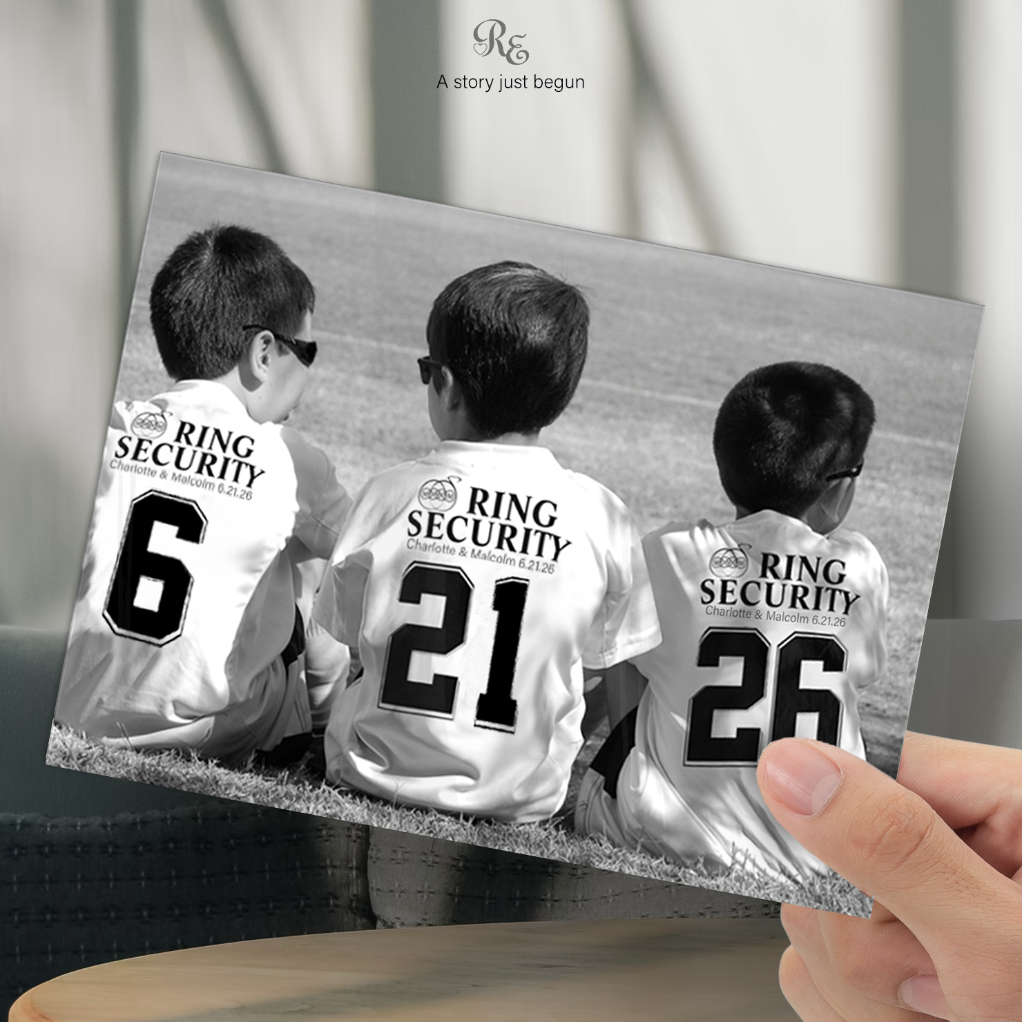 Ring Security agents on duty, sporting wedding date tees in a fun ball field scene.