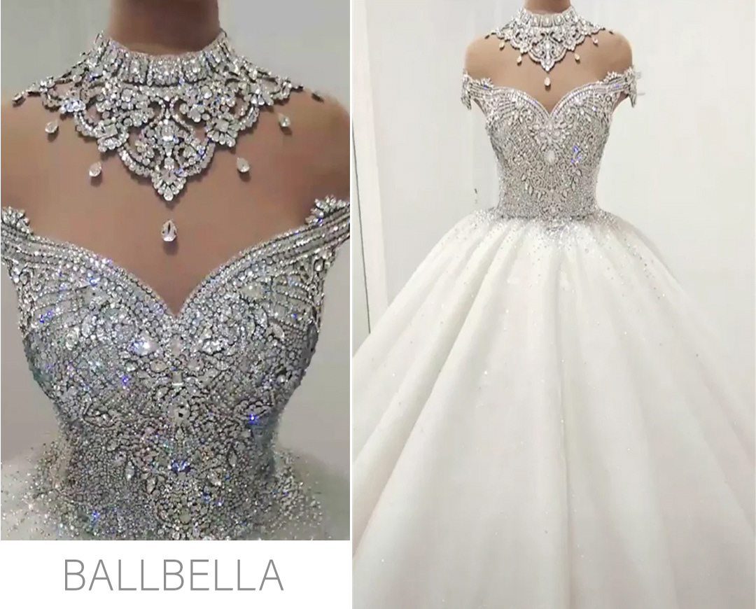 High-neck crystal beading wedding ball gown by BALLBELLA, the perfect blend of elegance and timeless glamour.