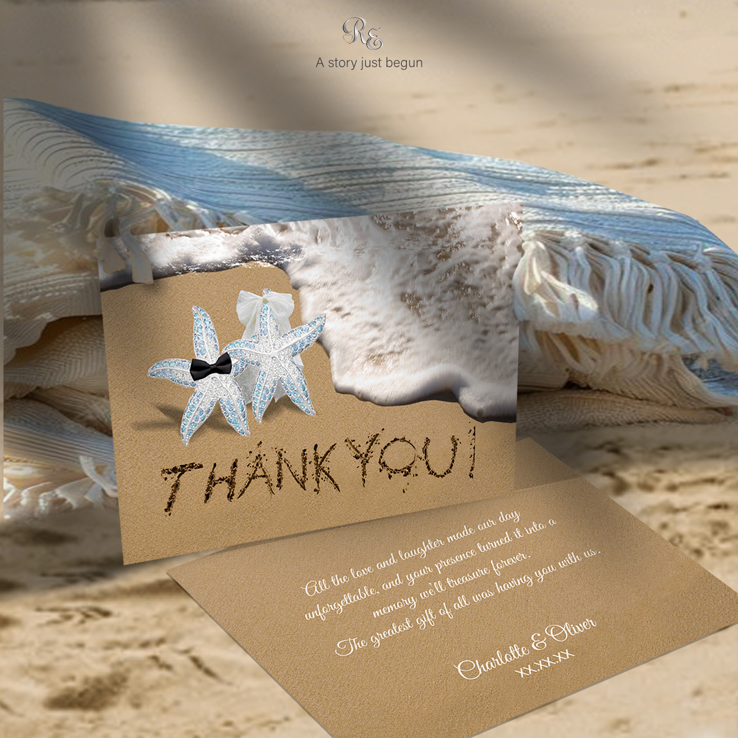 Starfish Beach wedding thank you card with bride and groom starfish gem by the shoreline, “Thank You” carved in sand, and customizable names, date, and heartfelt message on back.