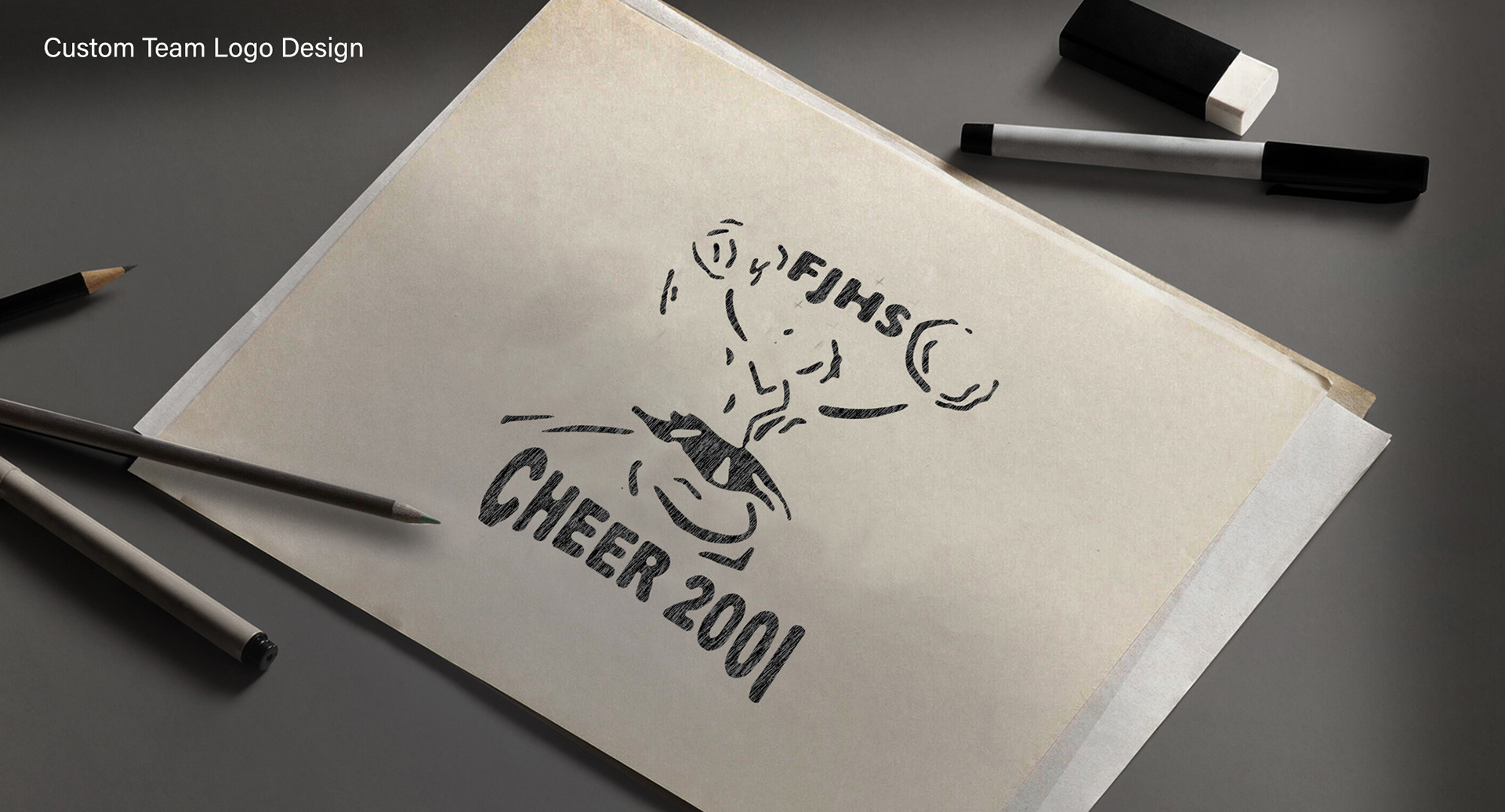 Hand-sketched custom logo design for Nashua NH Fairgrounds Junior High Cheerleader squad, created for screen printing team apparel.