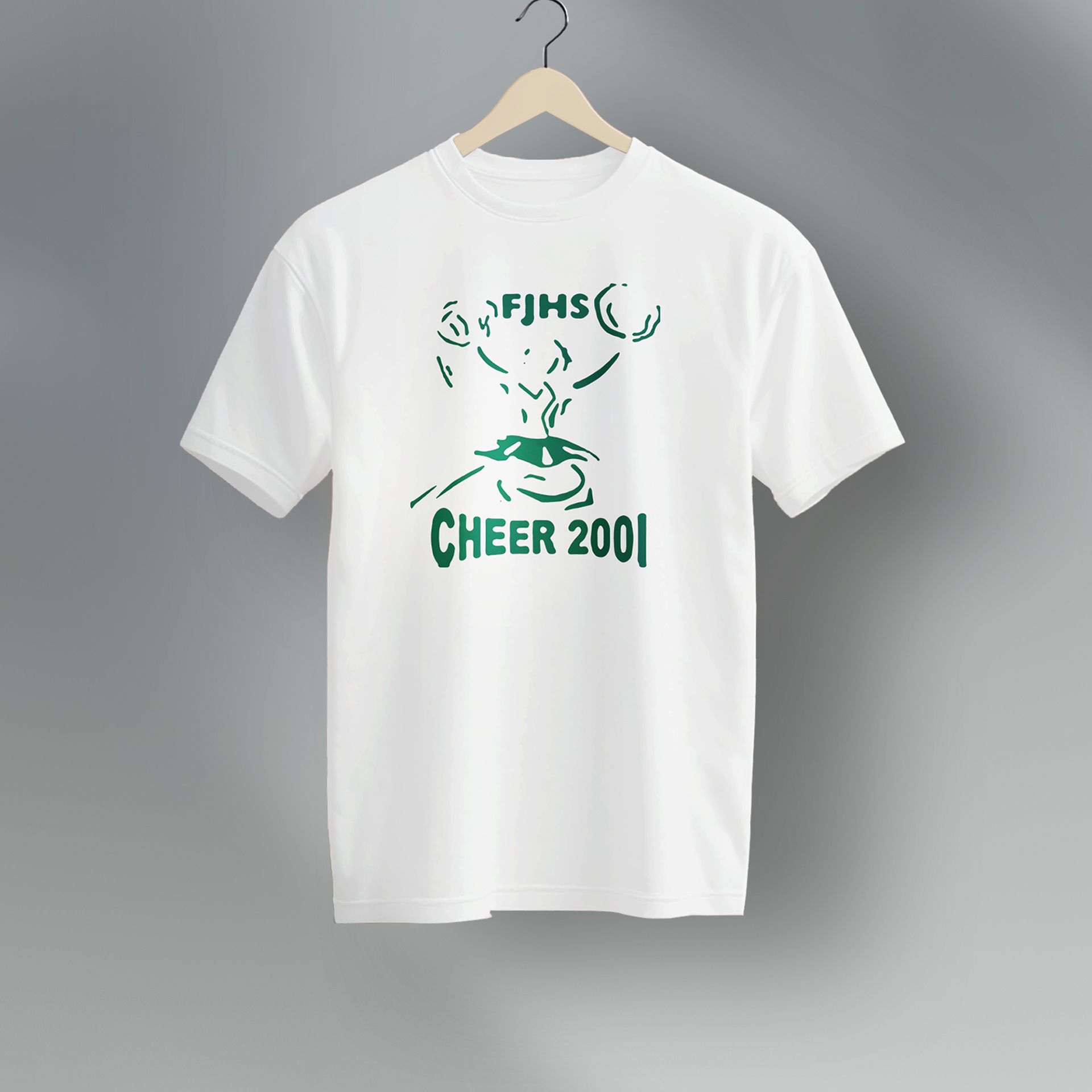 School pride in reverse green cheer logo screen-printed on classic white T-shirt for visual impact.