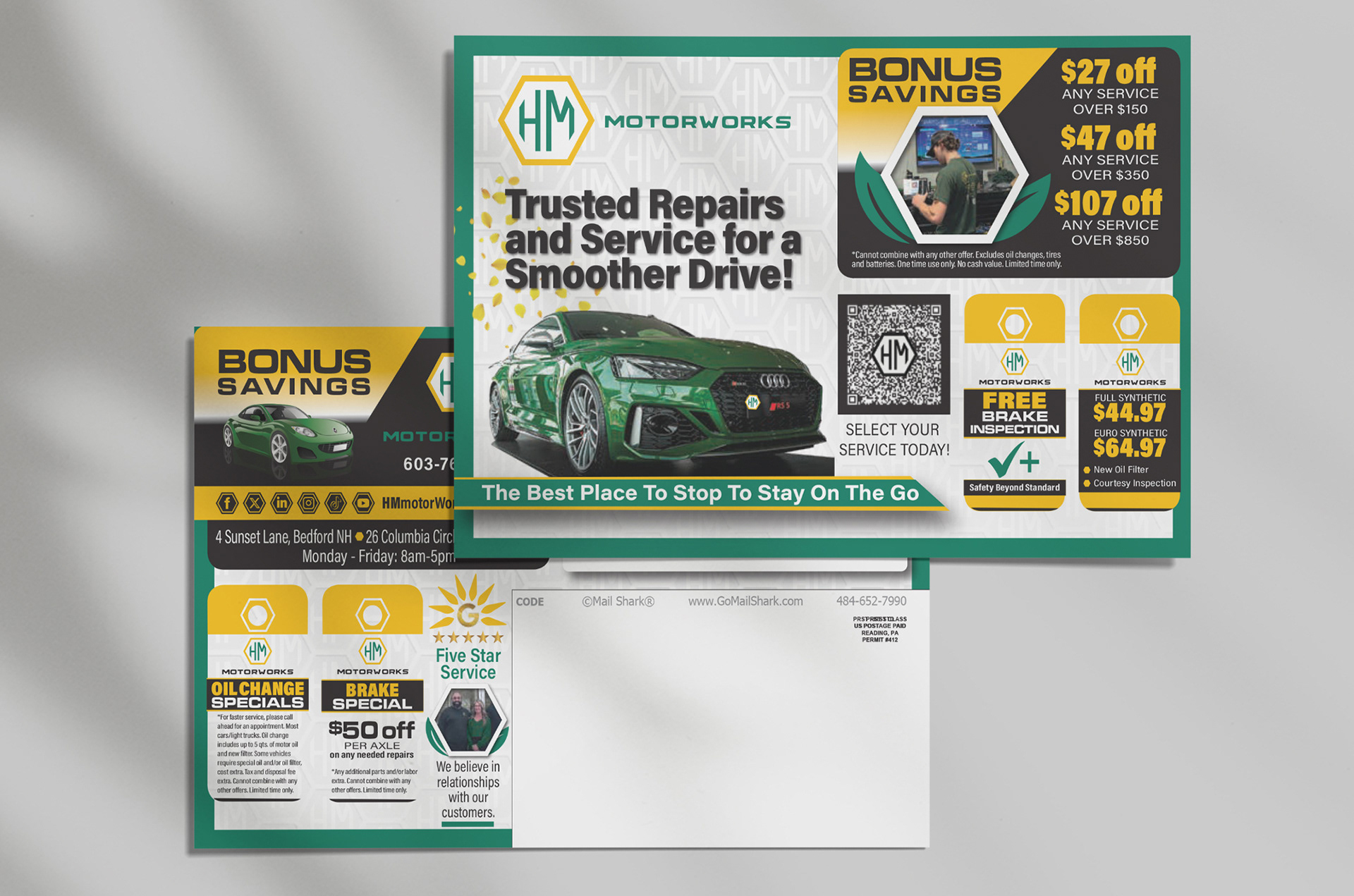 Spring Bonus Savings yellow and green brand palette, floral accents, green luxury car