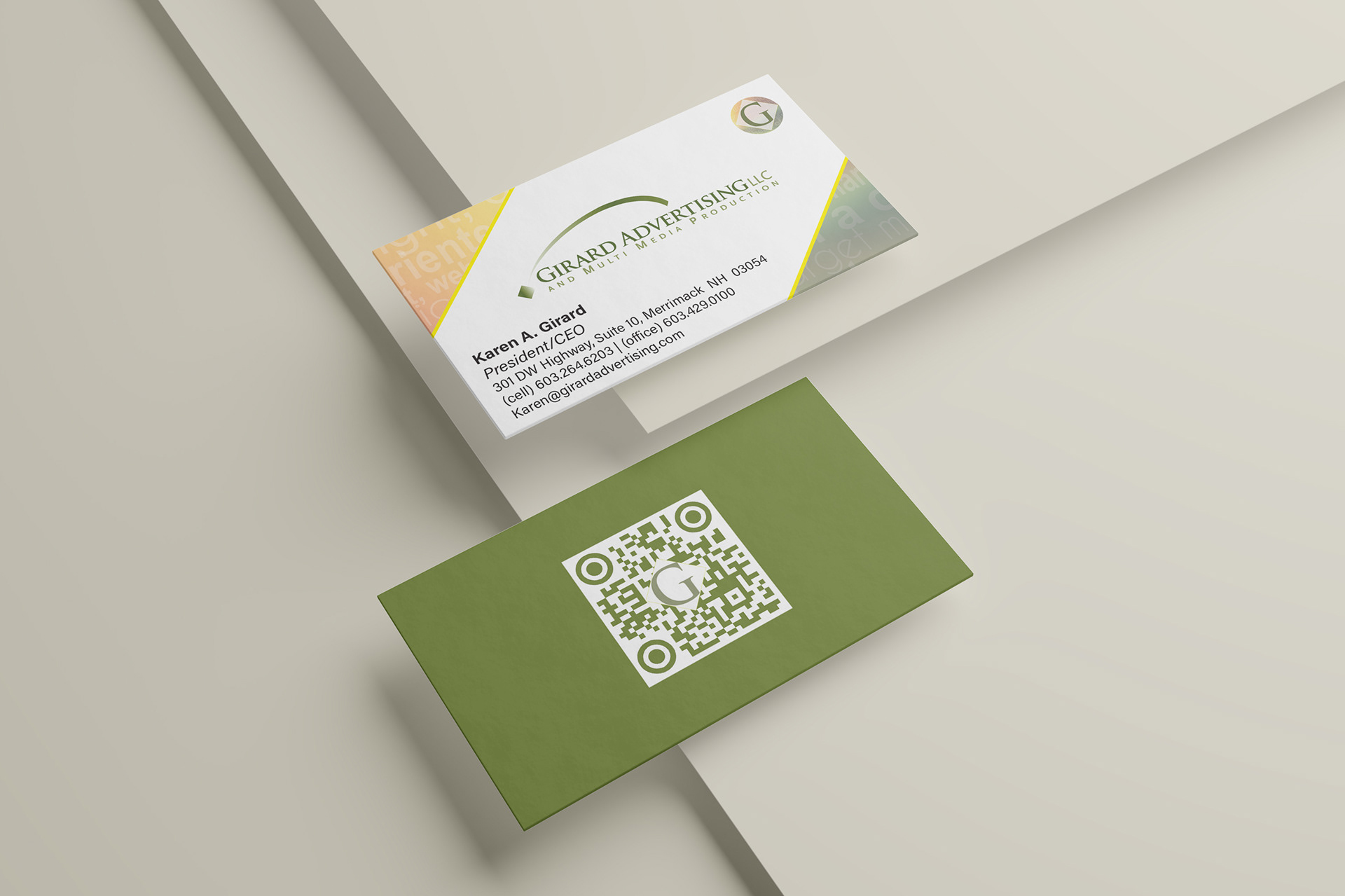 Two-sided business card featuring a scannable QR code and brand-pattern corners in signature velocity palette yellow (top left) and green (bottom right).