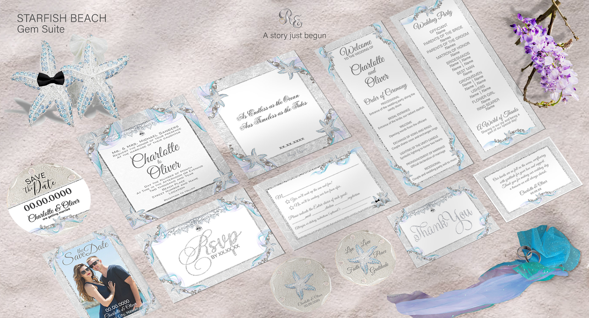 Full Starfish Beach Gem wedding stationery suite displayed on white sand with coastal accents.