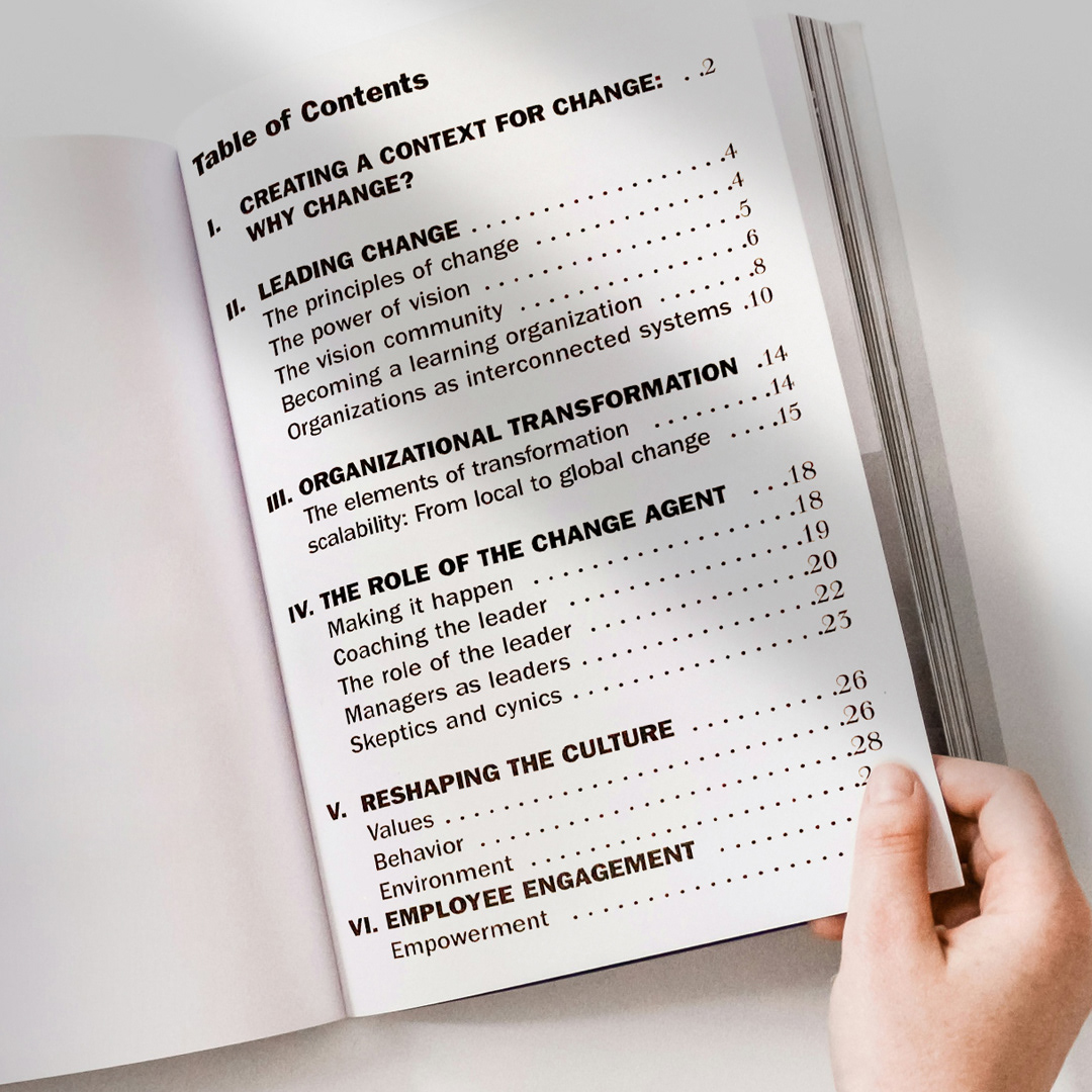 First half of the booklet’s table of contents, designed for clarity and quick navigation.