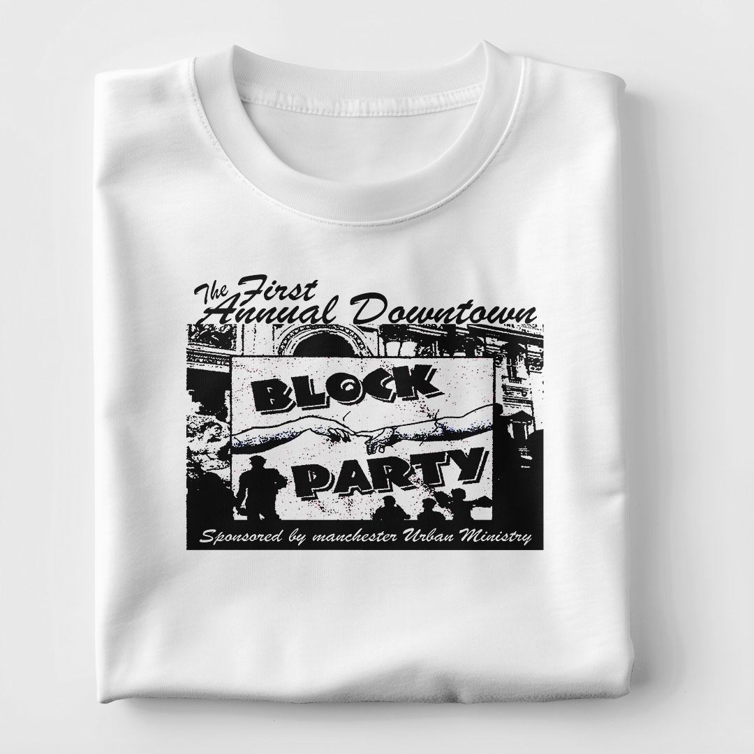 Bold block party graphic stands out on a crisp white shirt