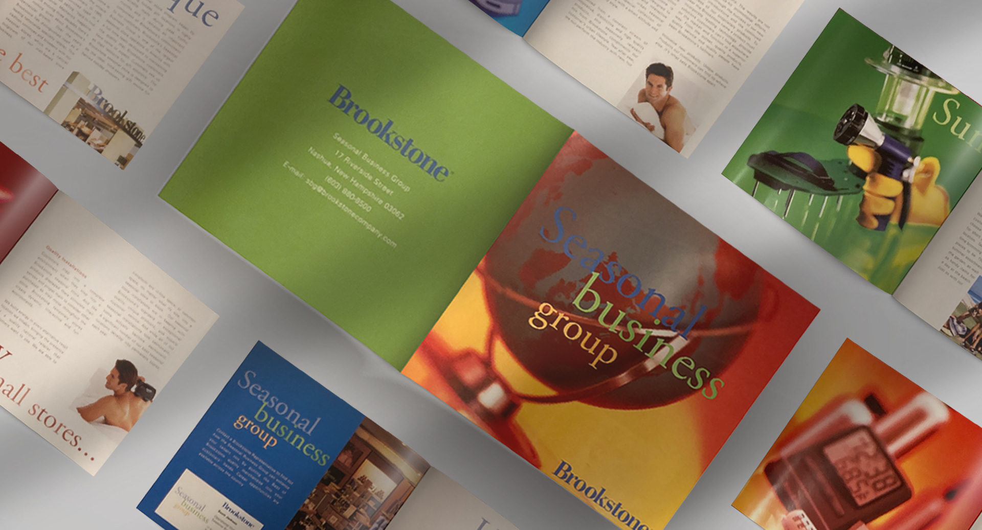 Brookstone Seasonal Business Group brochure spreads designed to align with the department’s branding and visual identity; presentation slides created in the same style for a seasonal marketing campaign, reinforcing cohesive messaging across print and digital assets for a premium retail brand.