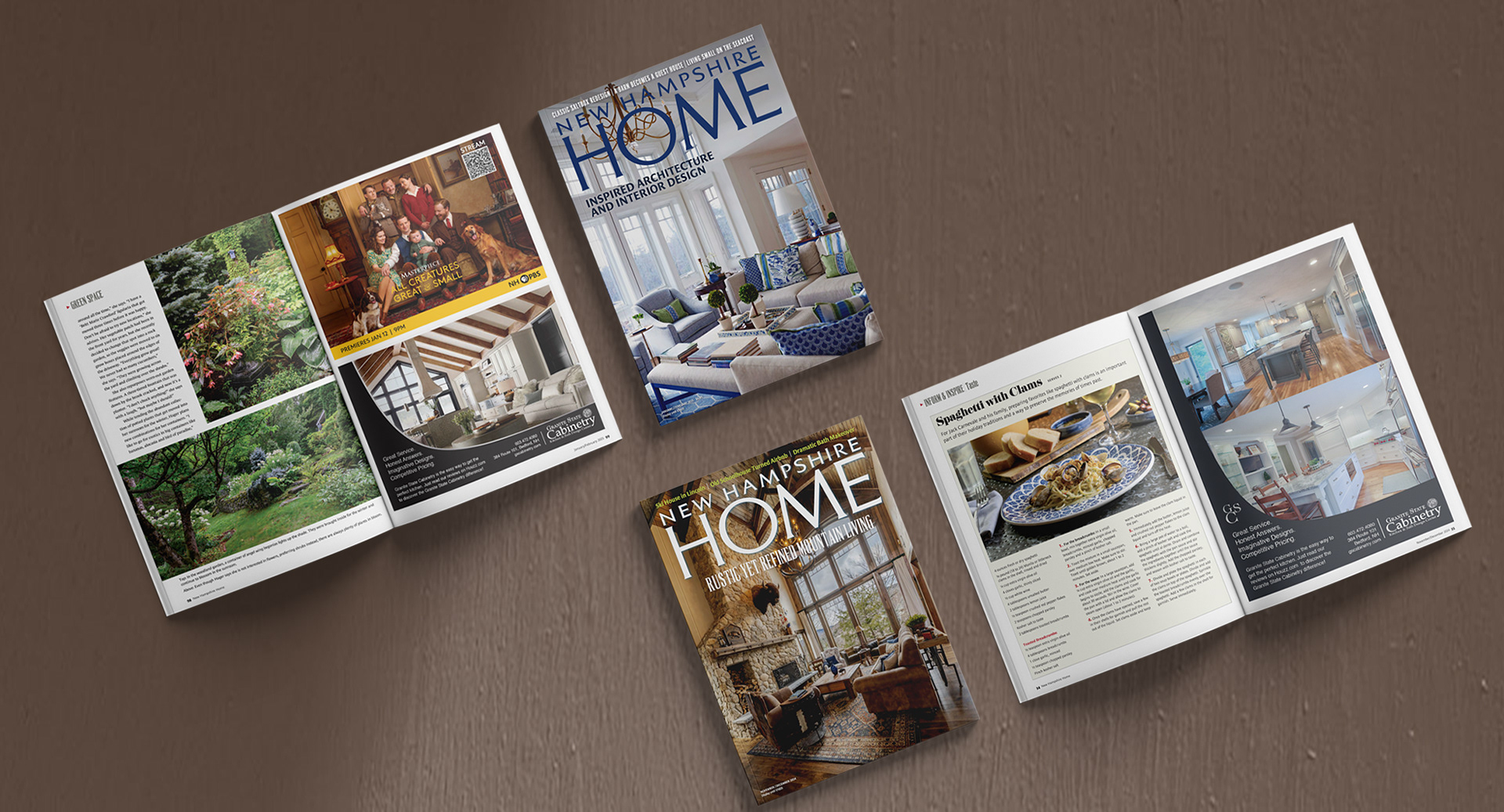 Redesigned Granite State Cabinetry print ads in NH Home Magazine featuring a full-page ad with a modern kitchen and living space, and a half-page ad with two custom kitchen designs. The updated contemporary frame enhances the brand’s upscale feel while maximizing photo visibility and keeping copy minimal.
