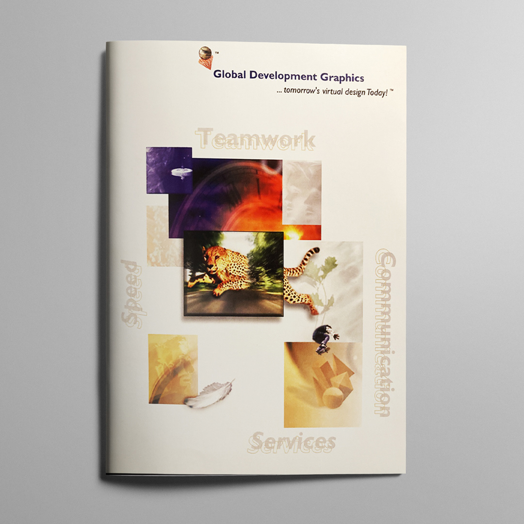 Brochure cover featuring GDG’s collage of innovation merging technology, nature, and teamwork into a unified brand vision.