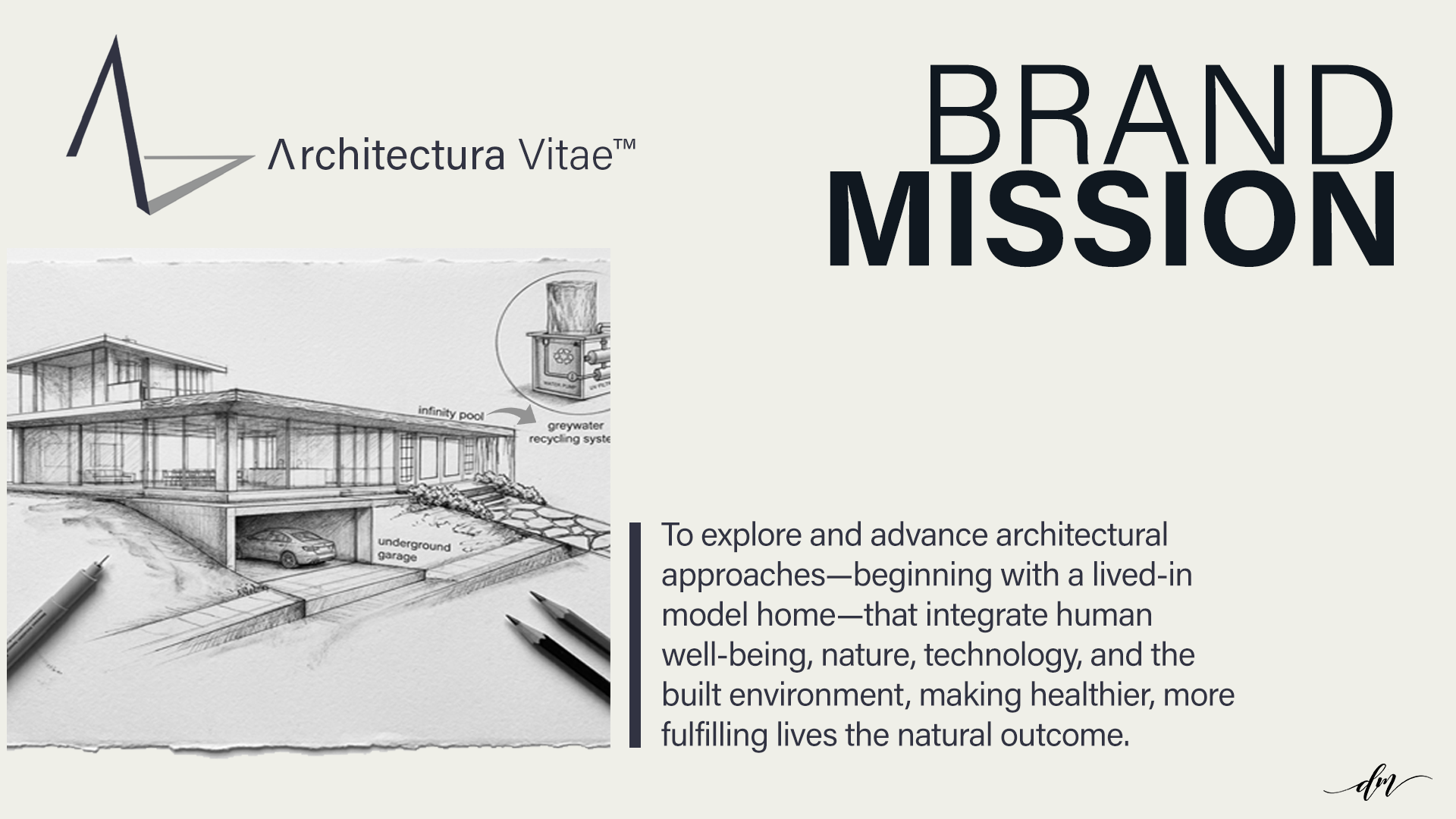 Architectura Vitae Brand Mission - To explore and advance architectural approaches-beginning with a lived-in model home-that integrate human well-being, nature, technology, and the built environment, making healthier, more fulfilling lives the natural outcome.