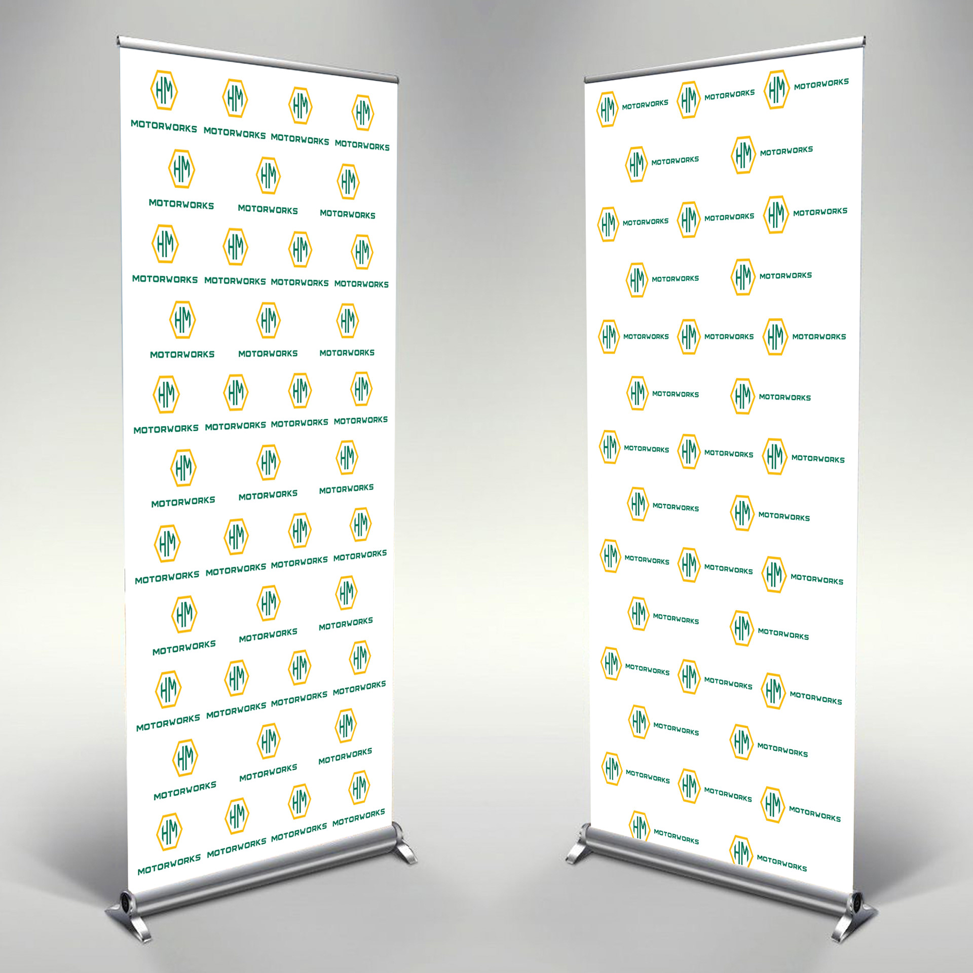 Step and Repeat Banner Designs stacked and horizontal HM logos