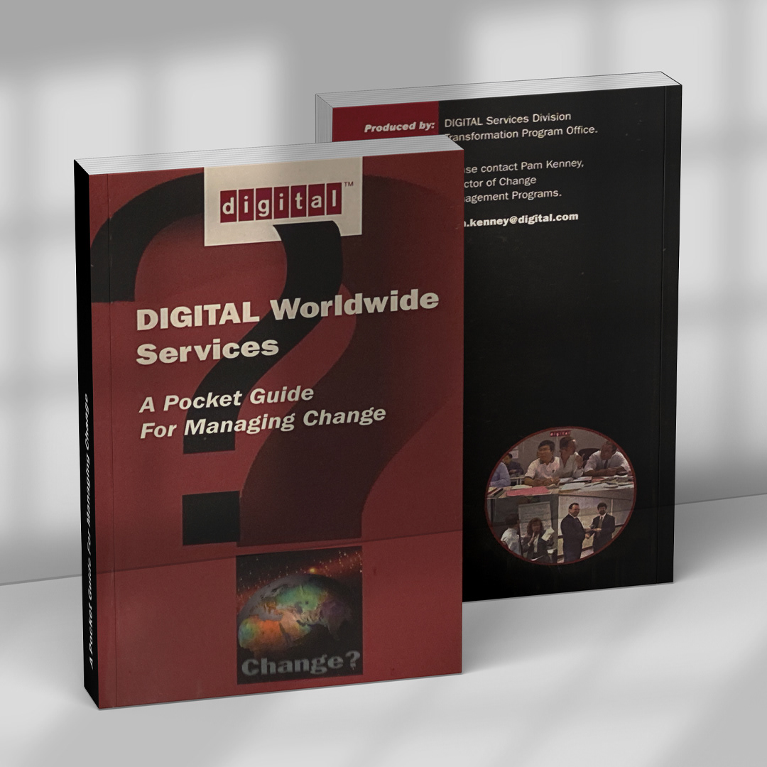 Change Management booklet in Digital Equipment Corporation’s maroon brand color, featuring photography and a stylized question mark graphic where the dot is replaced with a globe.