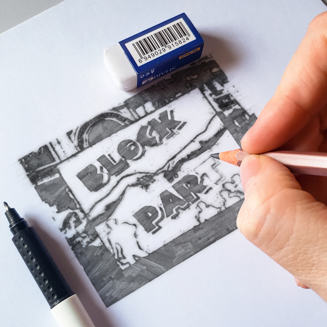 Original concept sketch for custom Block Party design hand-drawn for precision layout and placement.