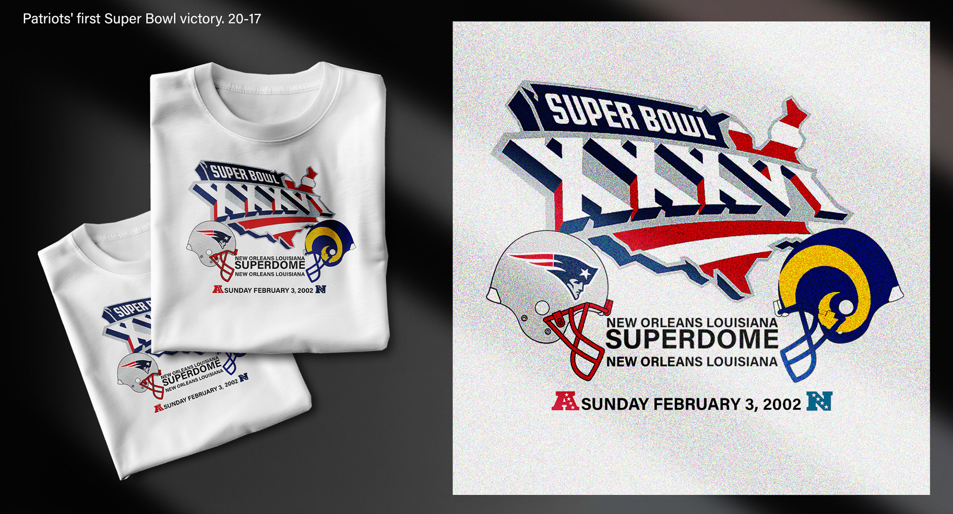Official Super Bowl XXXVI logo screen-printed T-shirt commemorating the February 3, 2002 championship game between the New England Patriots and St. Louis Rams Patriots' first Super Bowl victory.
