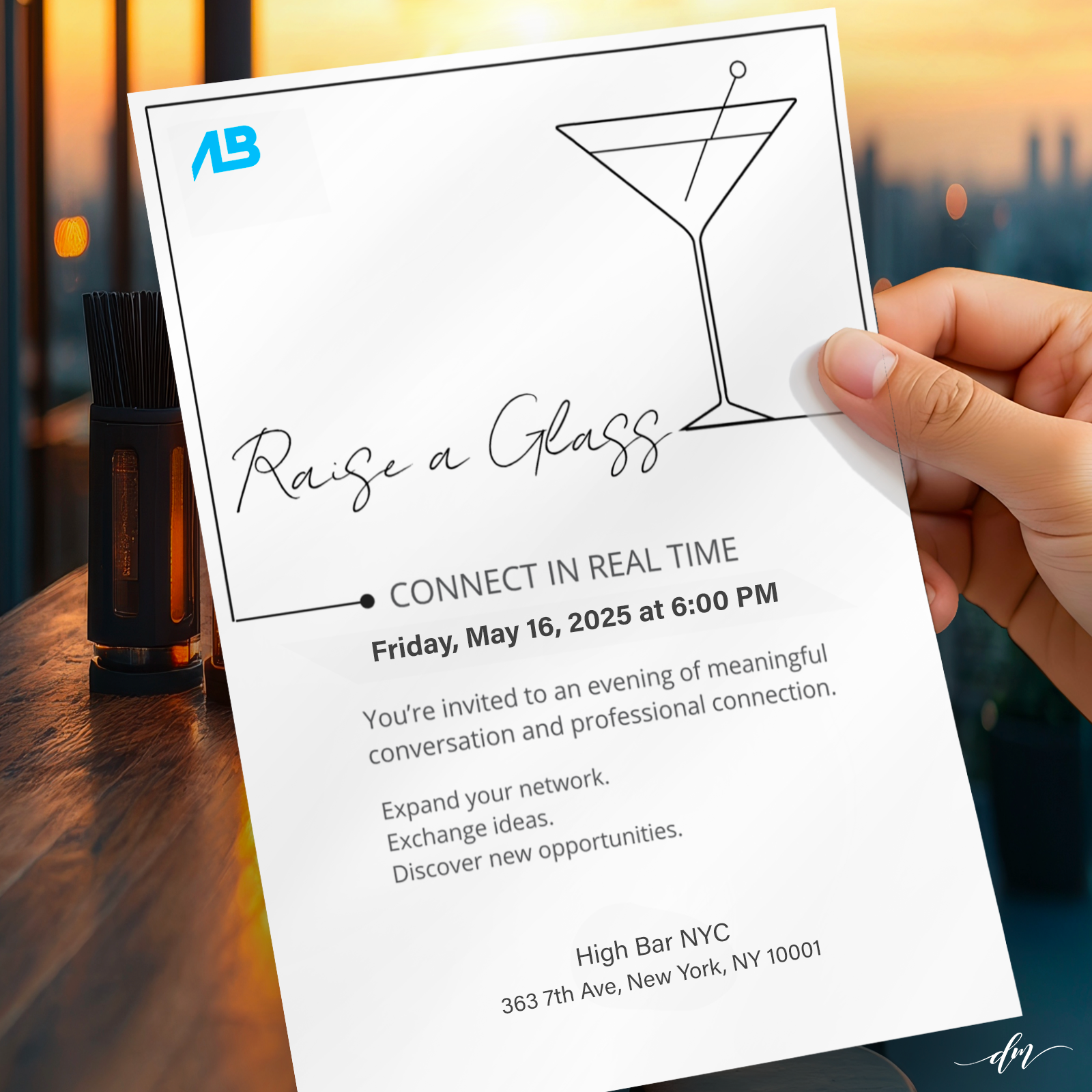Networking event invitation showcased at rooftop bar with sunset city view and upscale ambiance