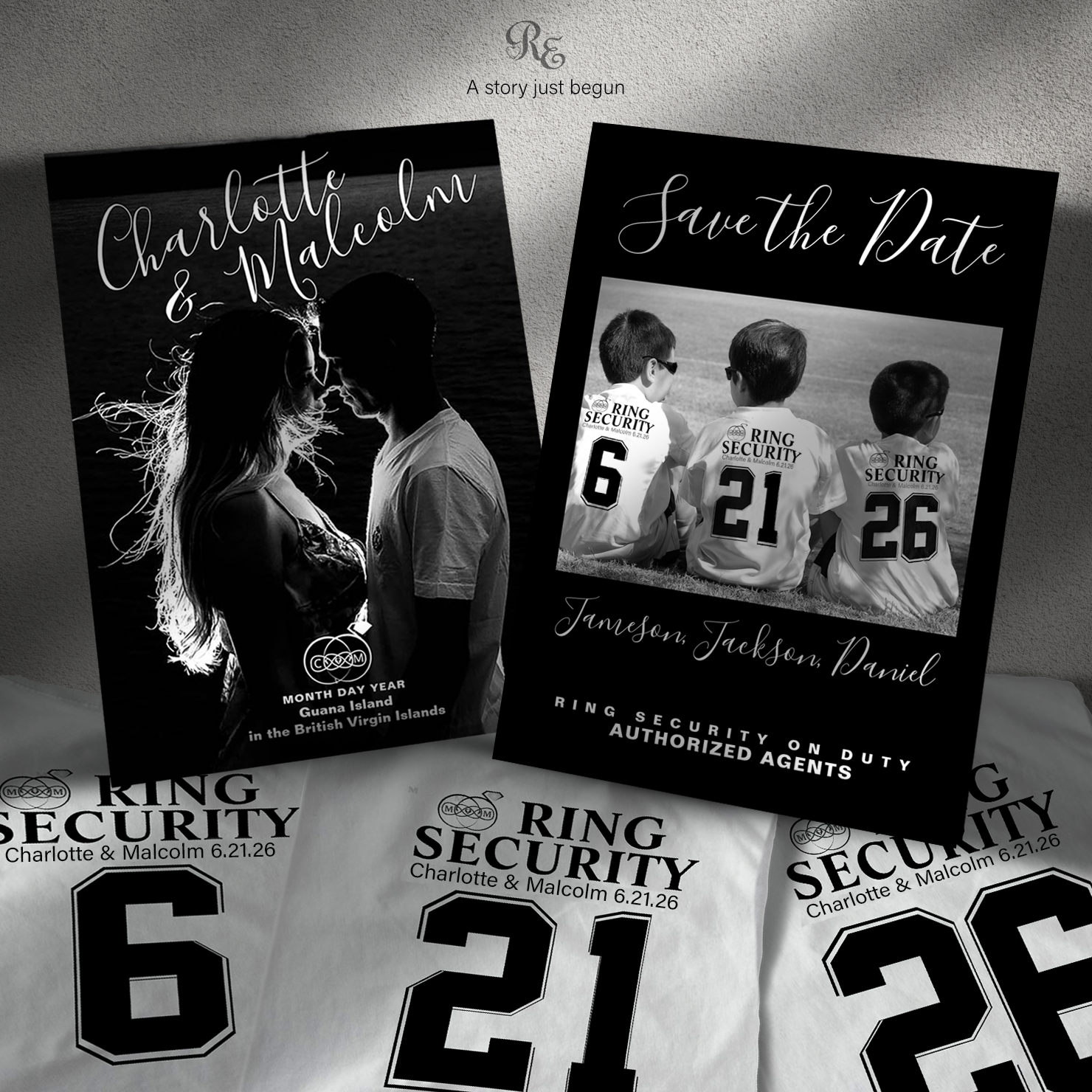 Couples photo with Ring Security shirts featuring numbers that match the wedding date