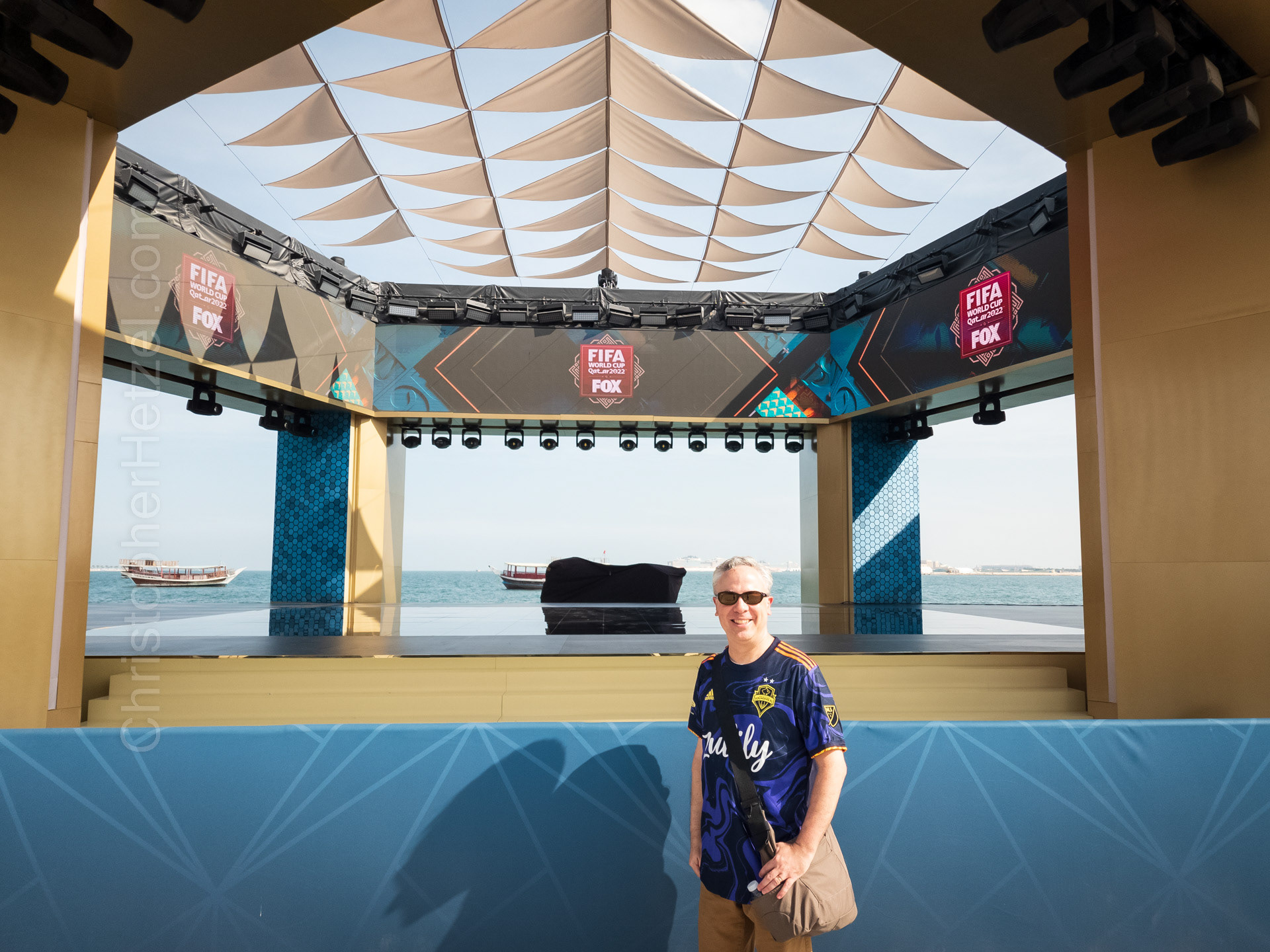 The Fox Sports studio on the Corniche in Doha. Anyone watching the U.S. broadcasts of the World Cup would see the Fox broadcasting team here at night.