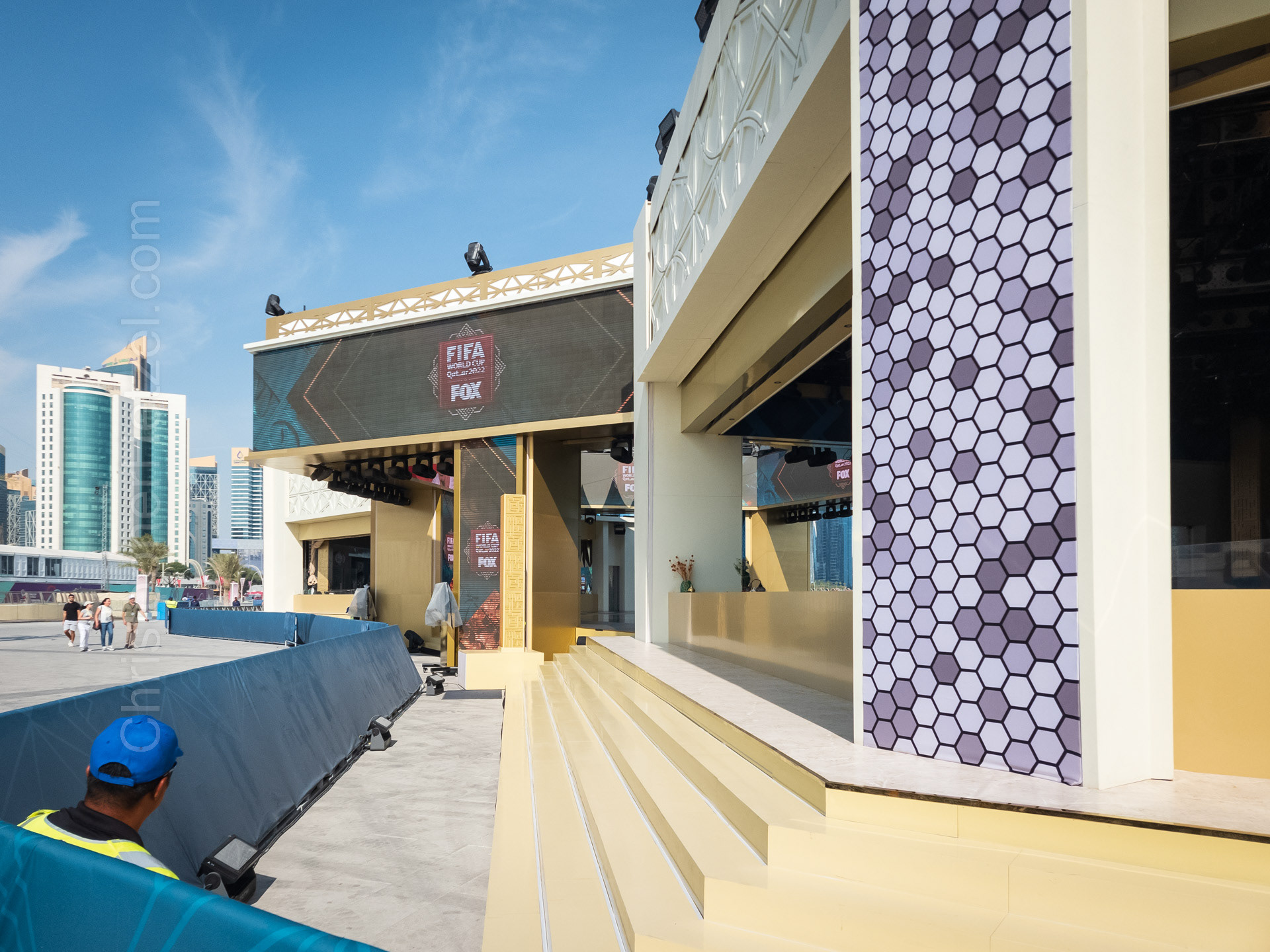 The Fox Sports studio on the Corniche in Doha. Anyone watching the U.S. broadcasts of the World Cup would see the Fox broadcasting team here at night.