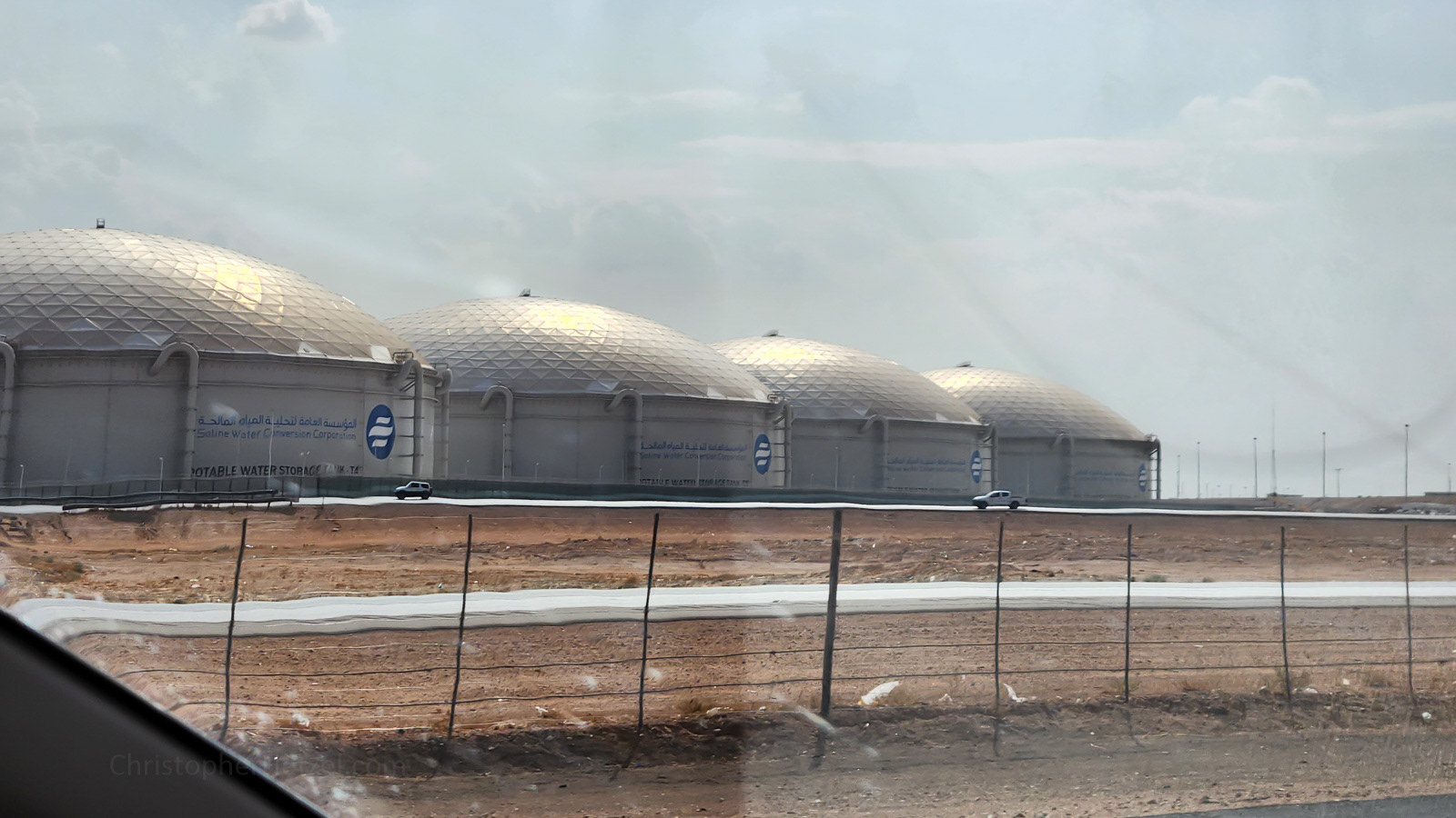 Massive water tanks, holding potable water, which partially provide water to the city of Riyadh. In this part of Saudi, fresh water is produced by a saline water conversion process.